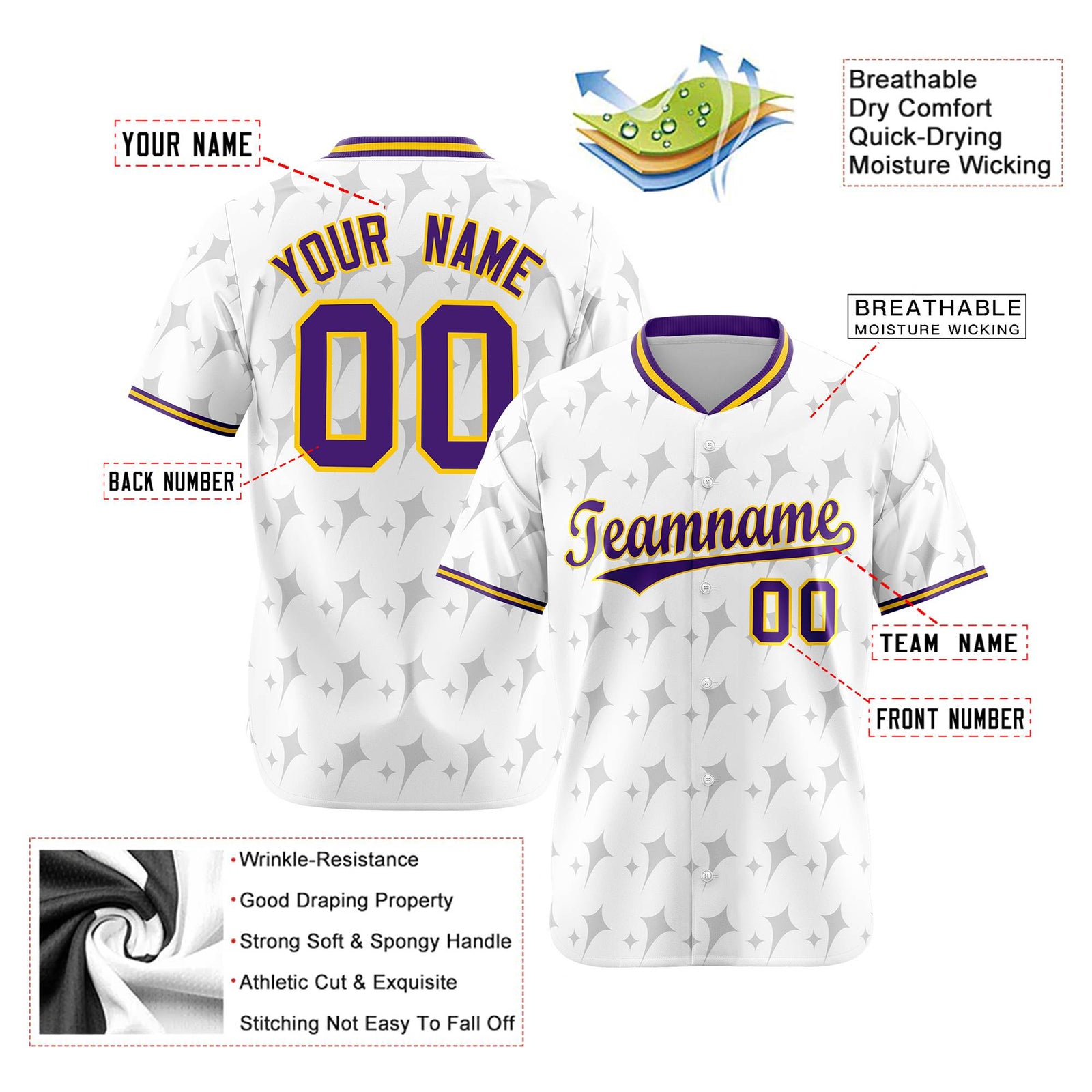 Custom White Purple Gold Authentic Four Pointed Baseball Jersey