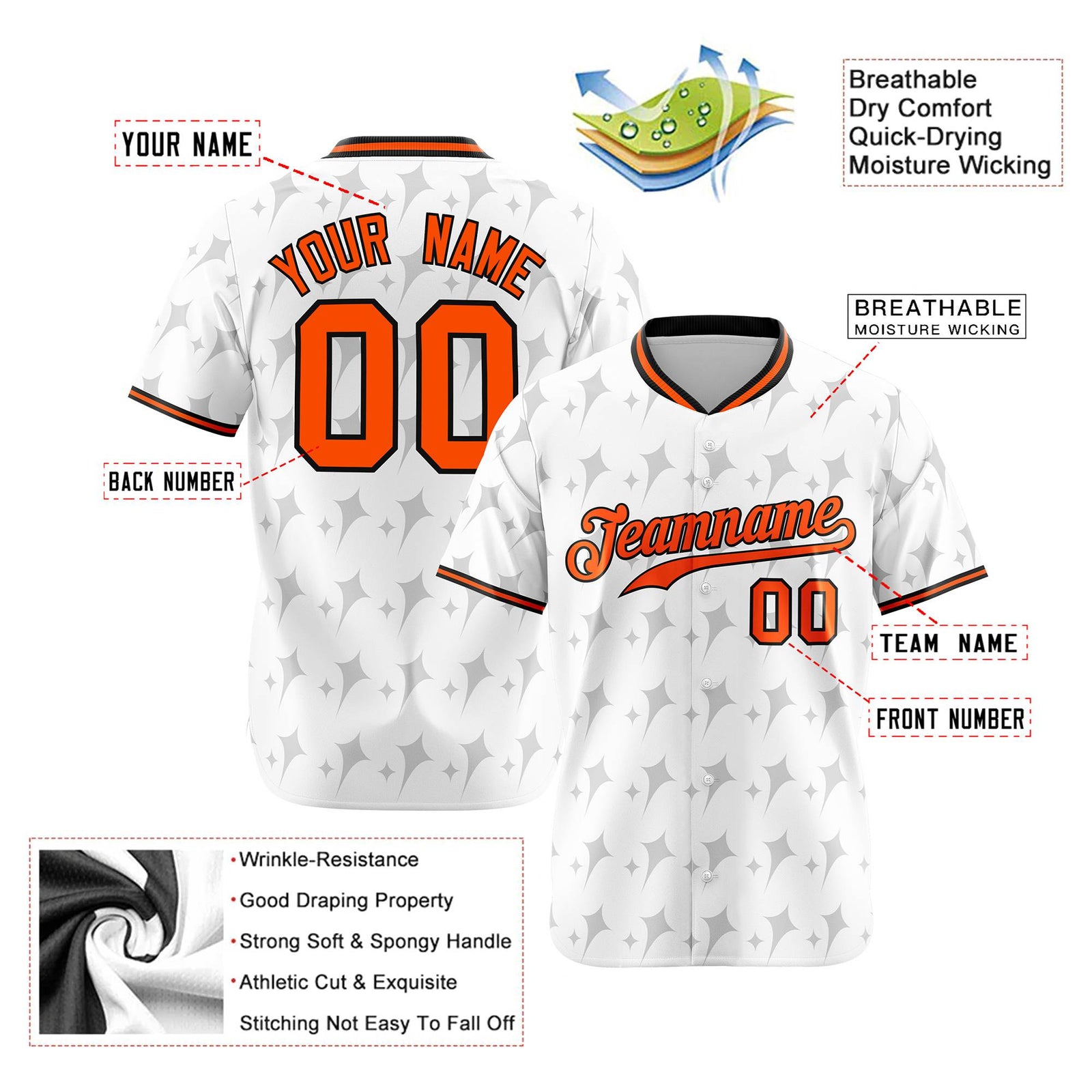 Custom White Orange Black Authentic Four Pointed Baseball Jersey