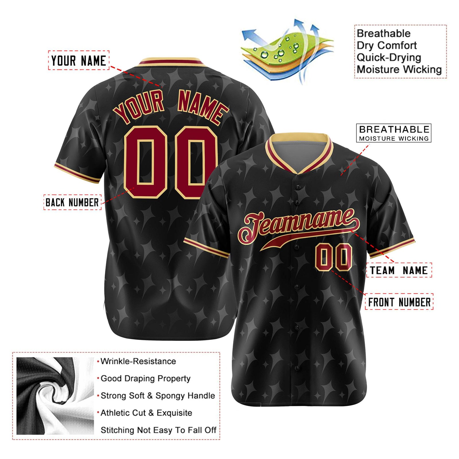 Custom Black Crimson Khaki Authentic Four Pointed Baseball Jersey