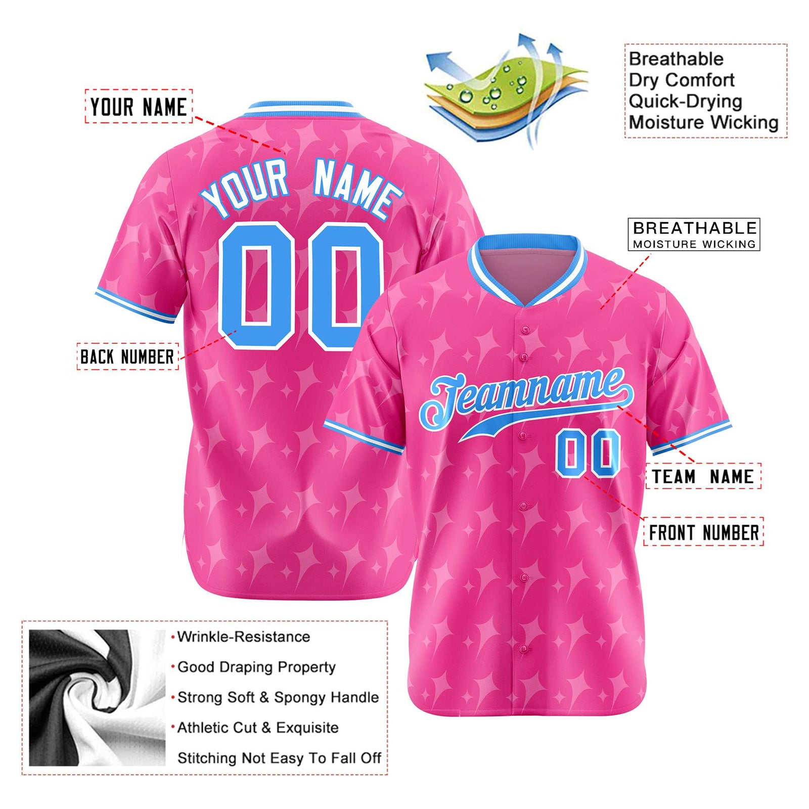 Custom Pink Powder Blue White Authentic Four Pointed Baseball Jersey