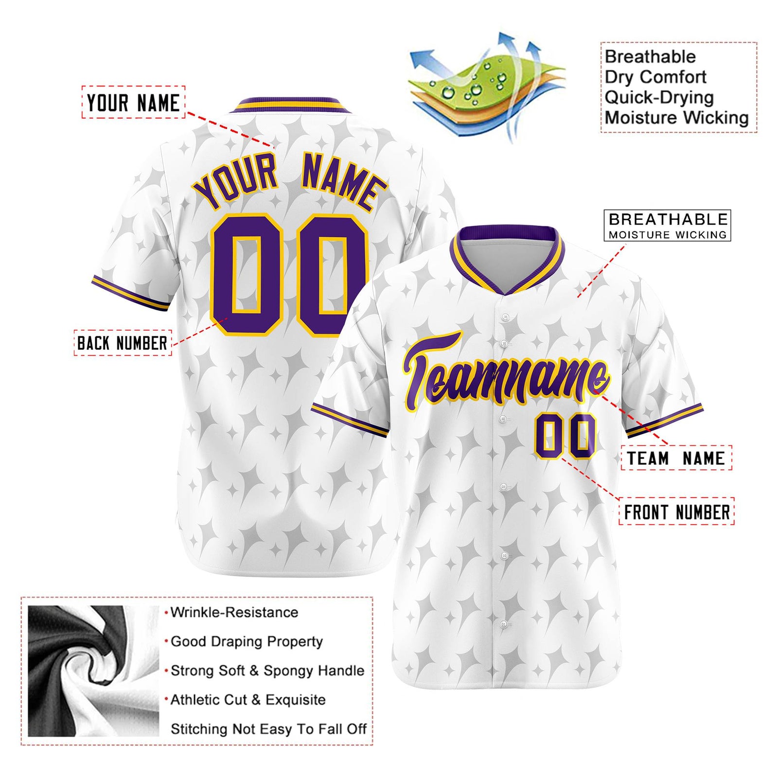 Custom White Purple Gold Authentic Four Pointed Baseball Jersey
