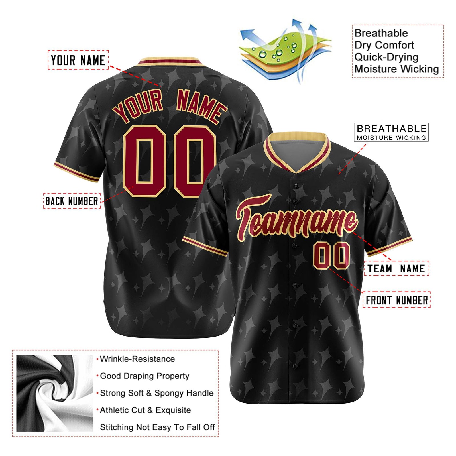 Custom Black Crimson Khaki Authentic Four Pointed Baseball Jersey