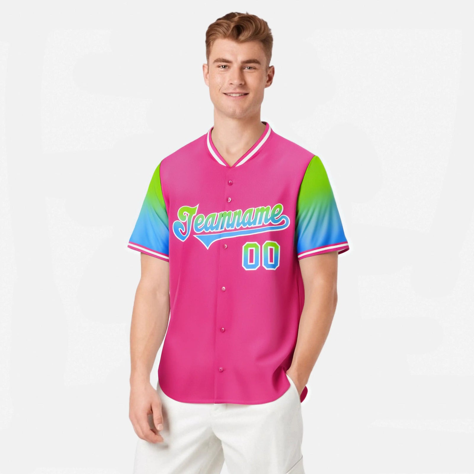 Custom Pink Neon Green-Powder Blue Gradient Fashion Authentic Baseball Jersey