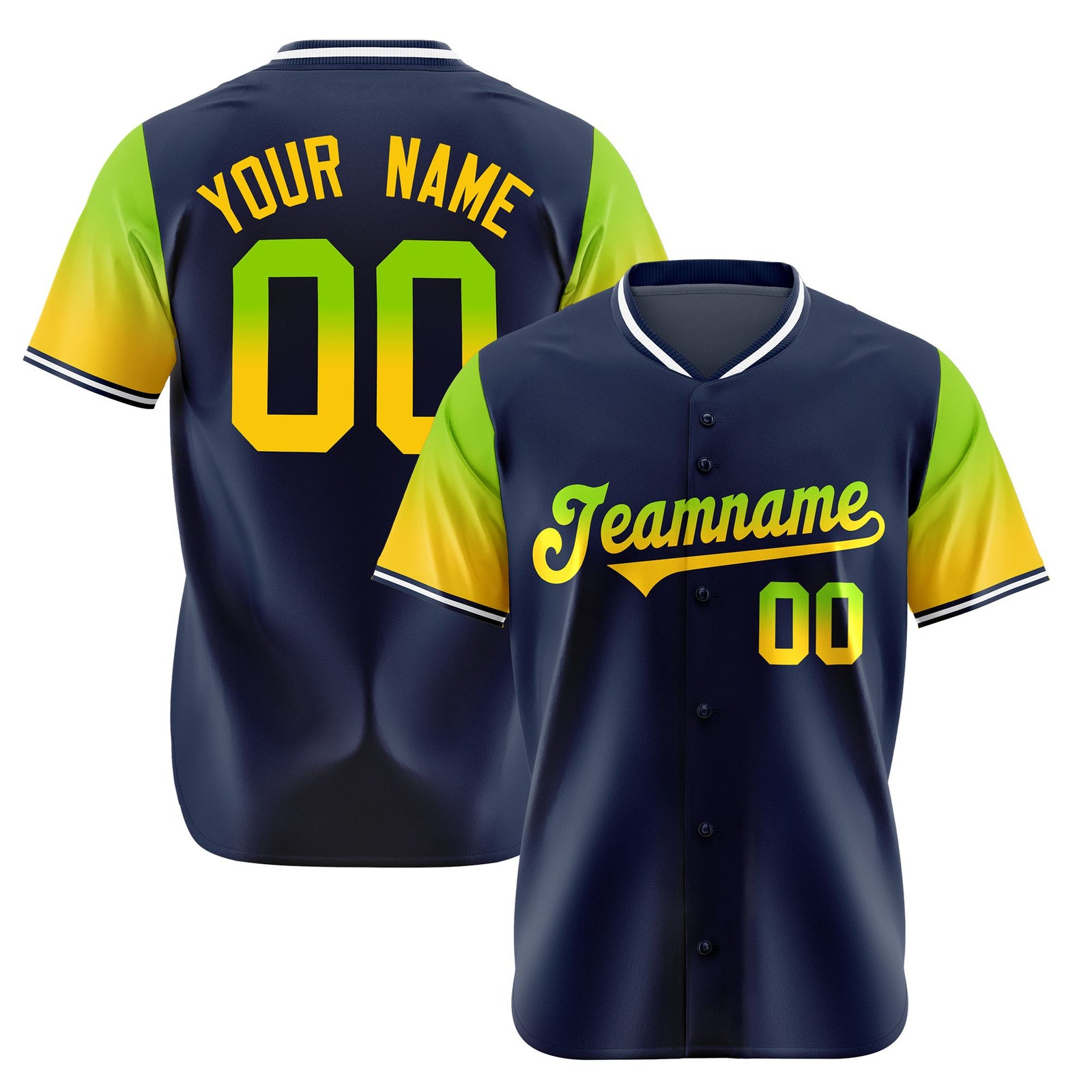 Custom Navy Neon Green-Gold Gradient Fashion Authentic Baseball Jersey