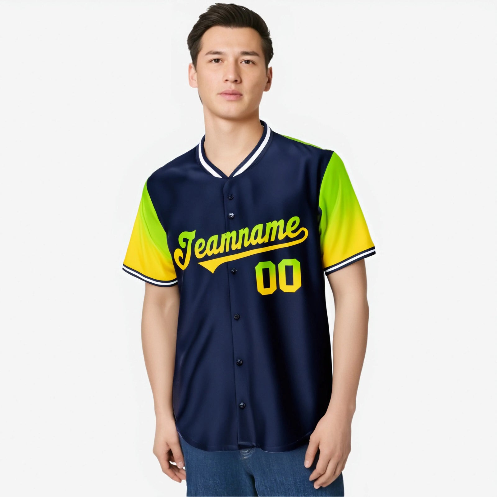 Custom Navy Neon Green-Gold Gradient Fashion Authentic Baseball Jersey