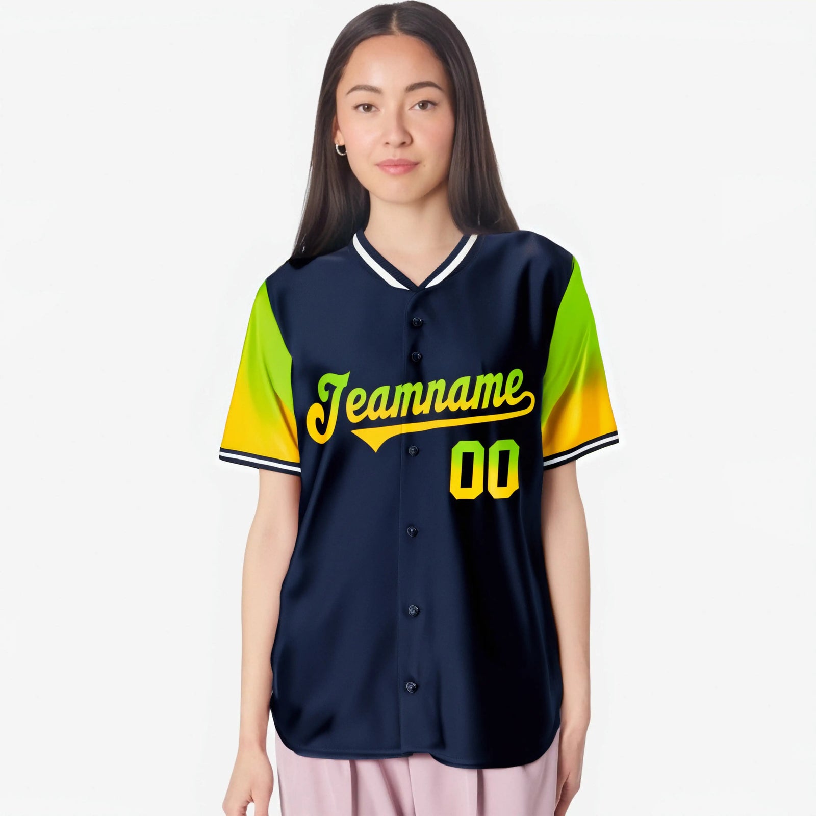 Custom Navy Neon Green-Gold Gradient Fashion Authentic Baseball Jersey
