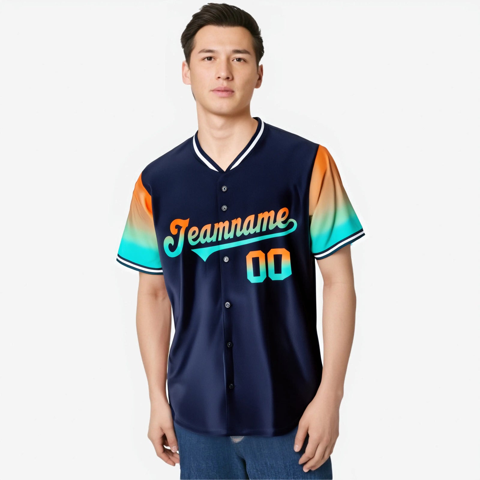 Custom Navy Orange-Aqua Gradient Fashion Authentic Baseball Jersey