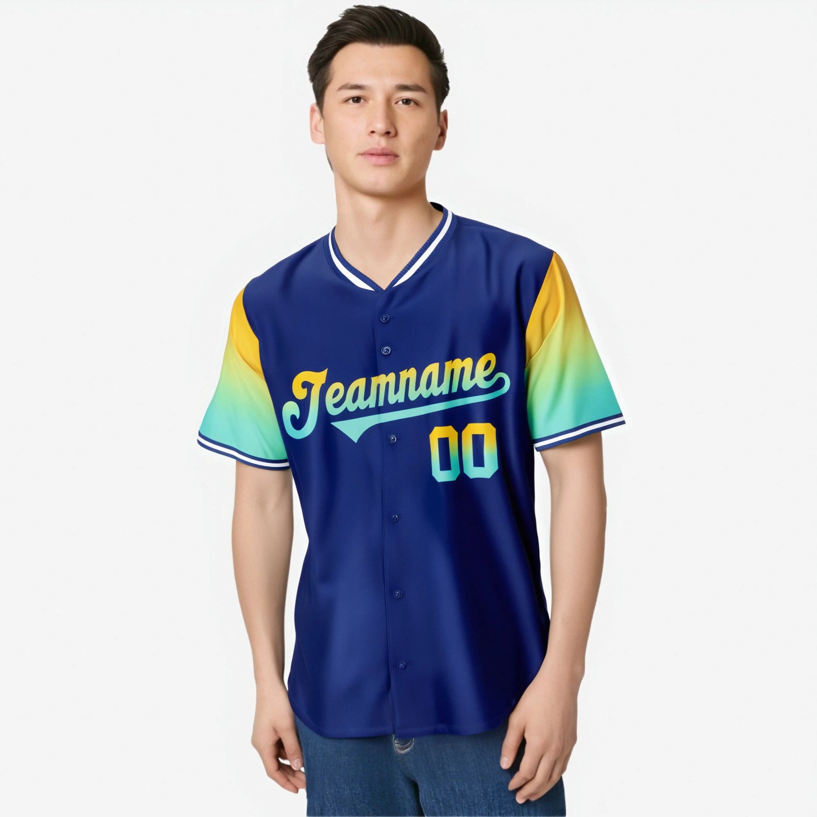 Custom Royal Blue Gold-Aqua Gradient Fashion Authentic Baseball Jersey