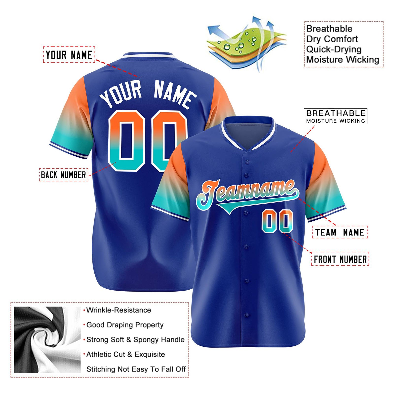 Custom Royal Blue Orange-Aqua Gradient Fashion Authentic Baseball Jersey