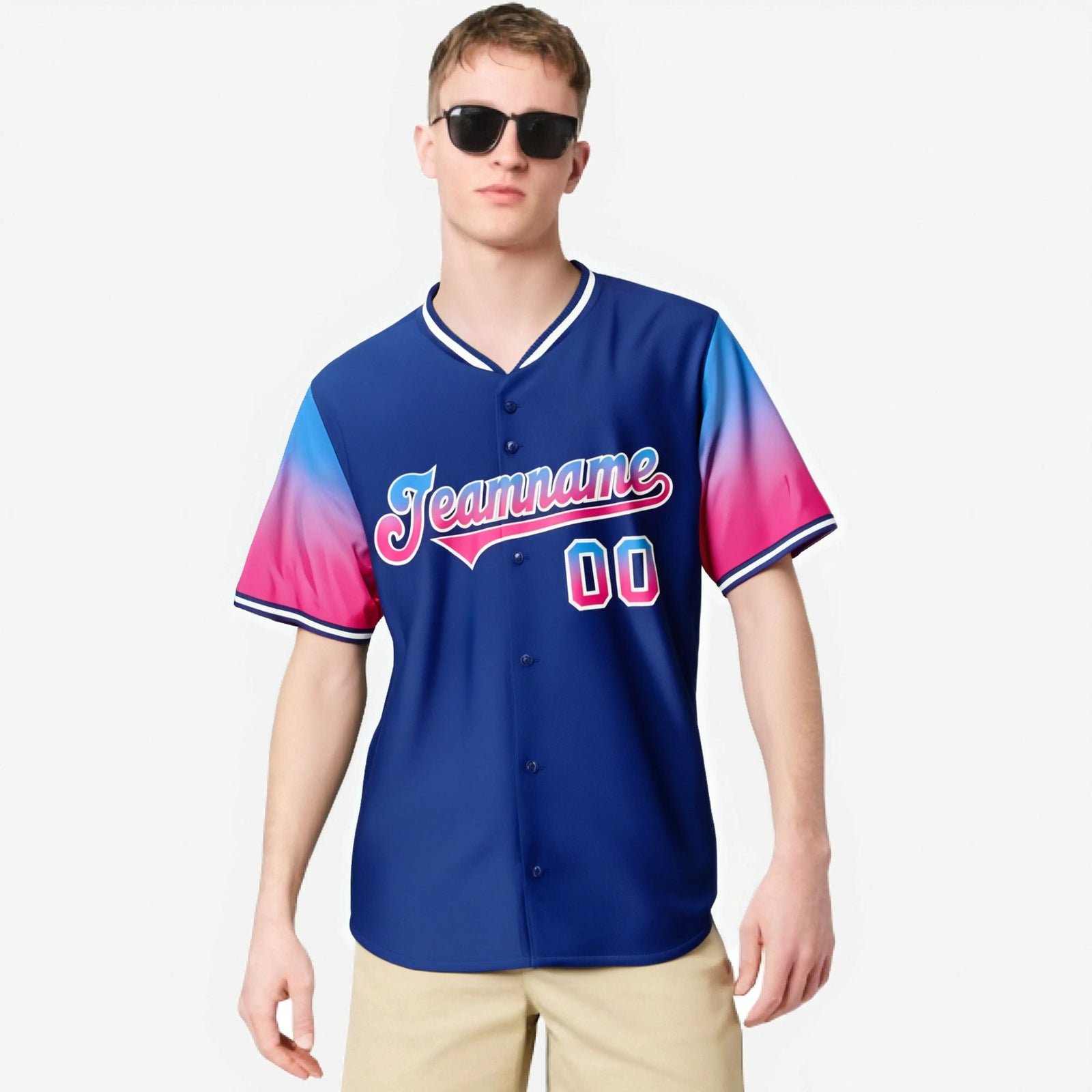Custom Royal Blue Powder Blue-Pink Gradient Fashion Authentic Baseball Jersey