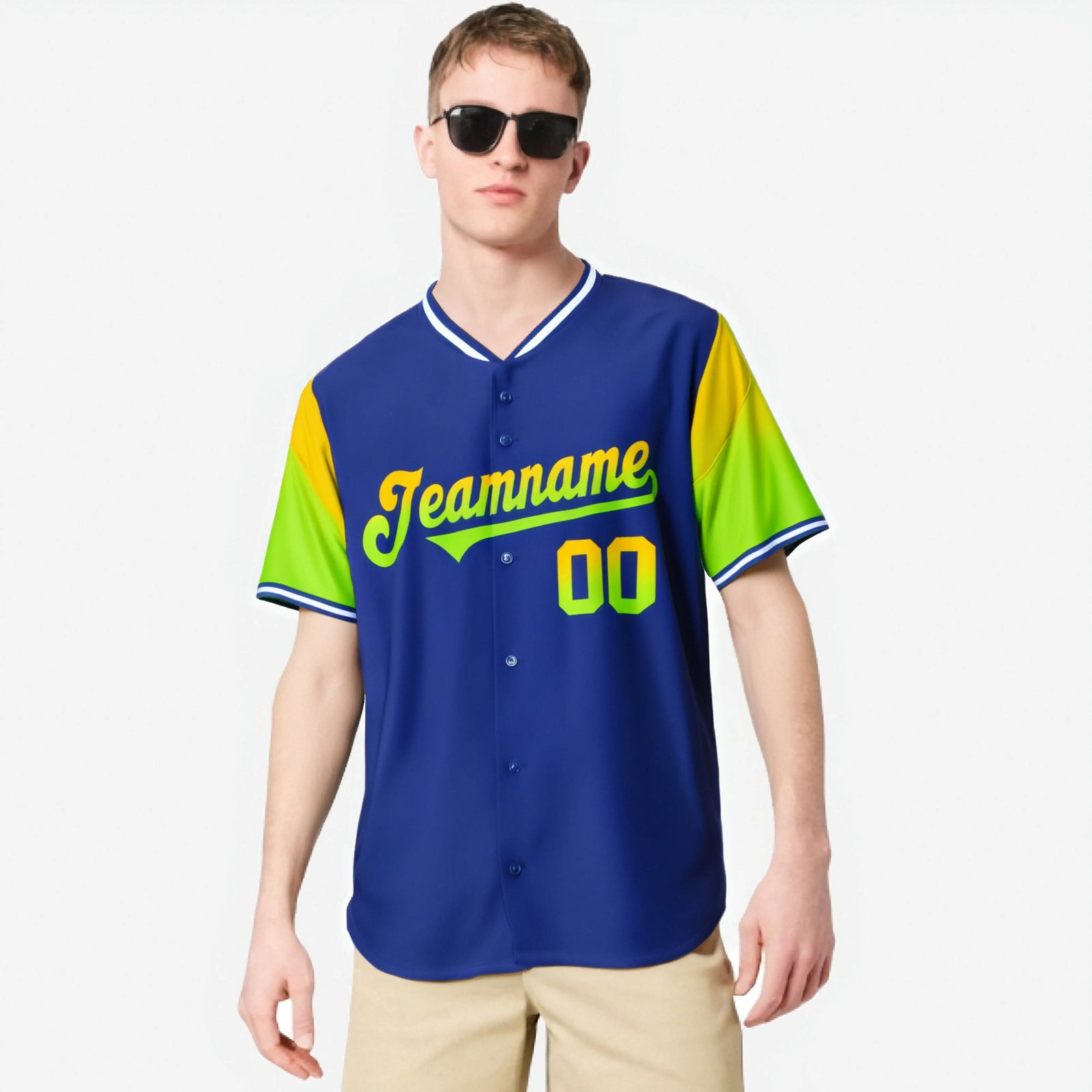 Custom Royal Blue Gold-Neon Green Gradient Fashion Authentic Baseball Jersey