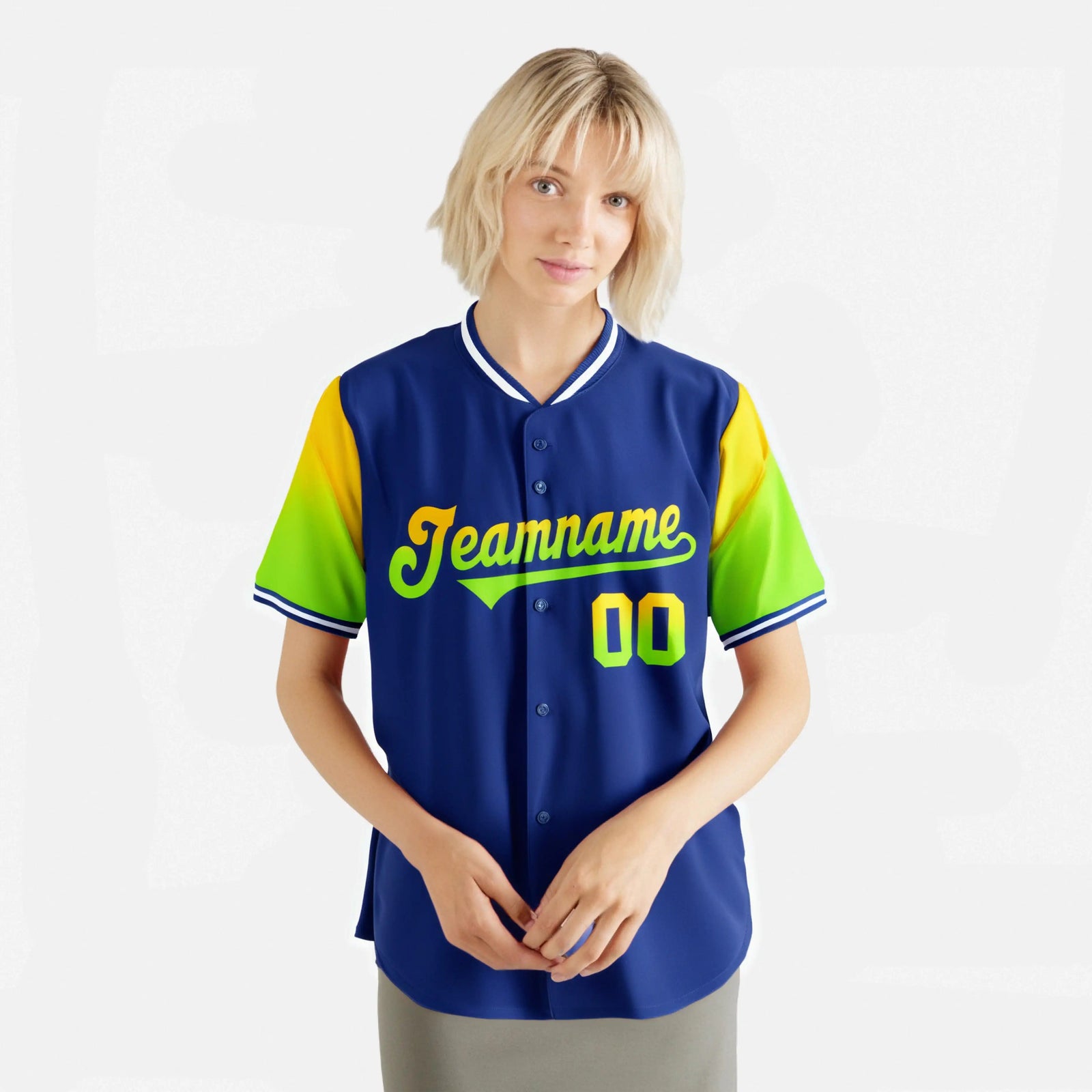 Custom Royal Blue Gold-Neon Green Gradient Fashion Authentic Baseball Jersey