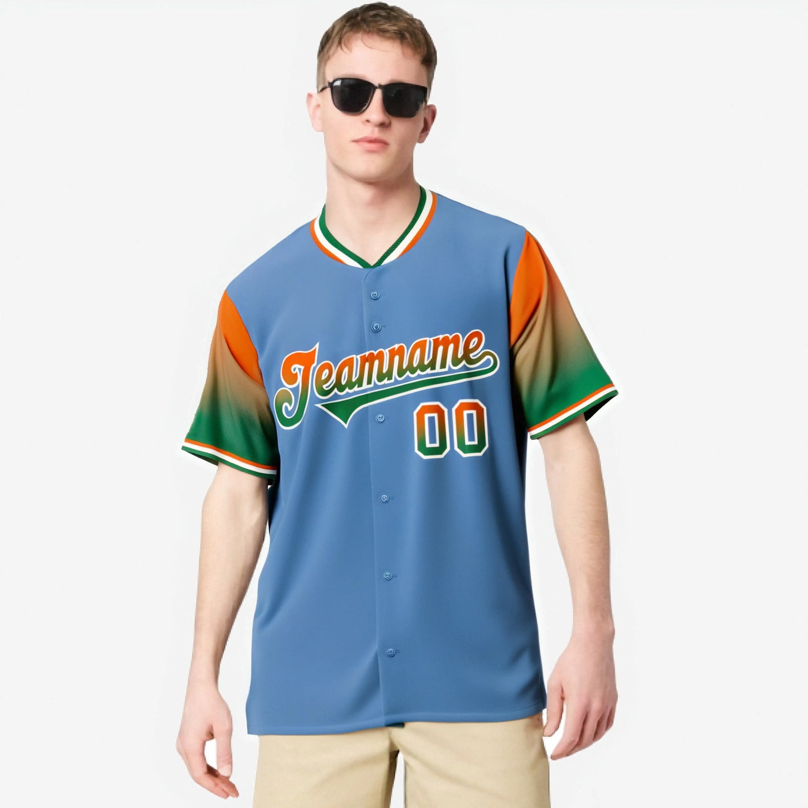 Custom Light Blue Orange-Green Gradient Fashion Authentic Baseball Jersey