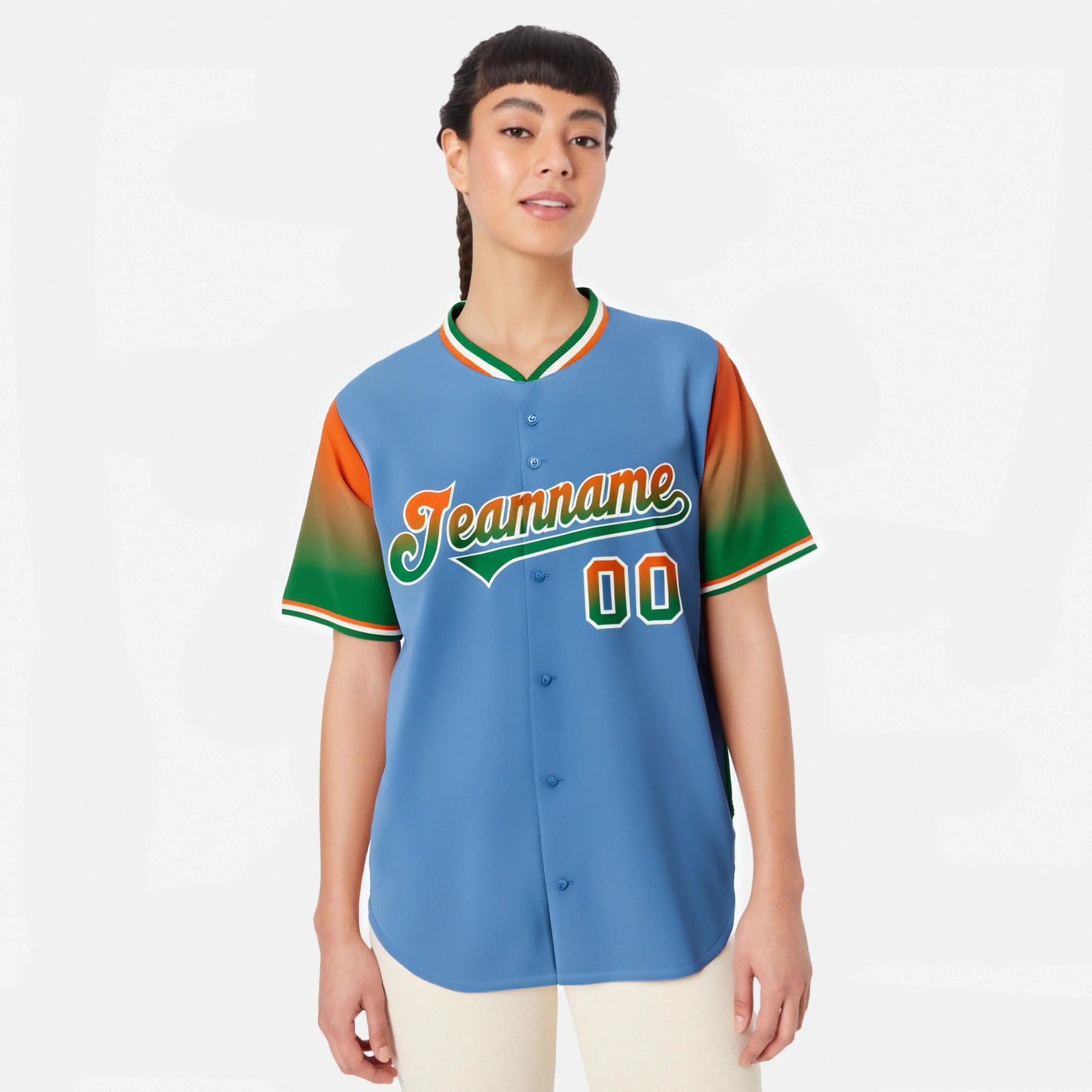 Custom Light Blue Orange-Green Gradient Fashion Authentic Baseball Jersey