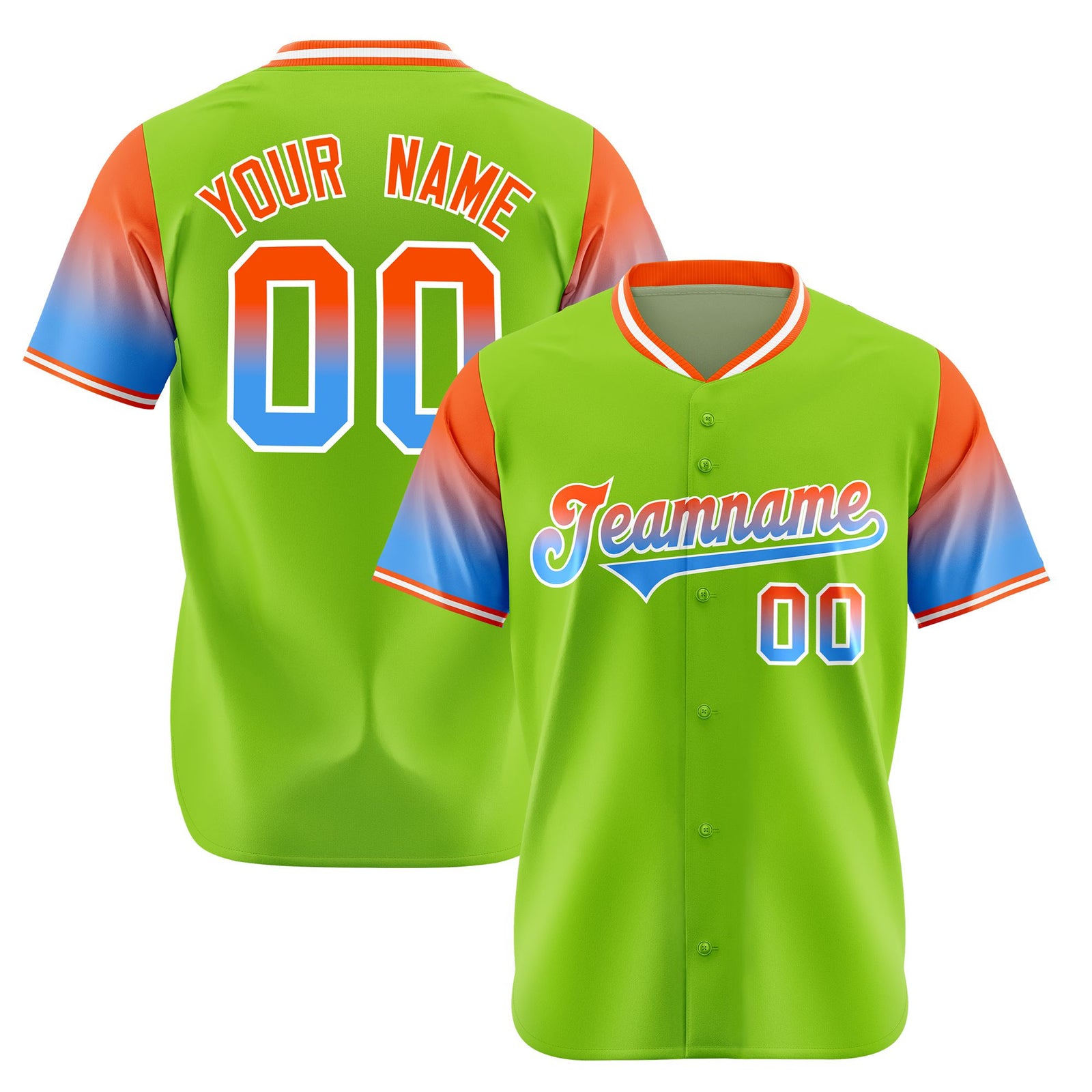 Custom Neon Green Orange-Powder Blue Gradient Fashion Authentic Baseball Jersey
