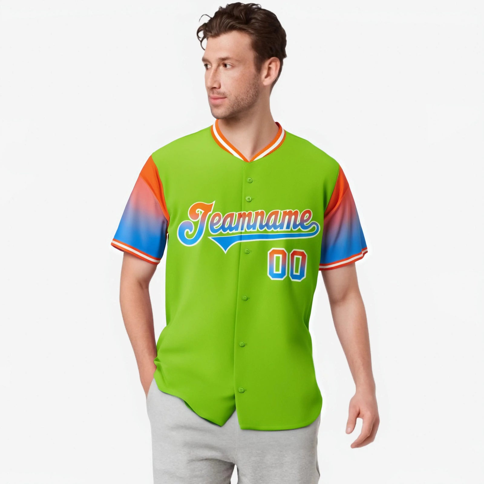 Custom Neon Green Orange-Powder Blue Gradient Fashion Authentic Baseball Jersey