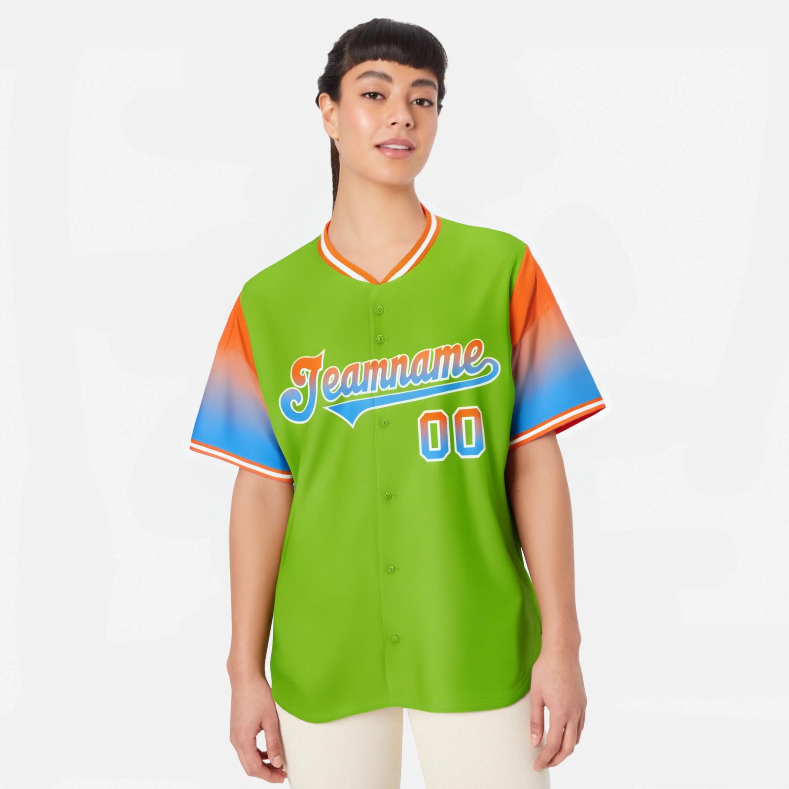 Custom Neon Green Orange-Powder Blue Gradient Fashion Authentic Baseball Jersey