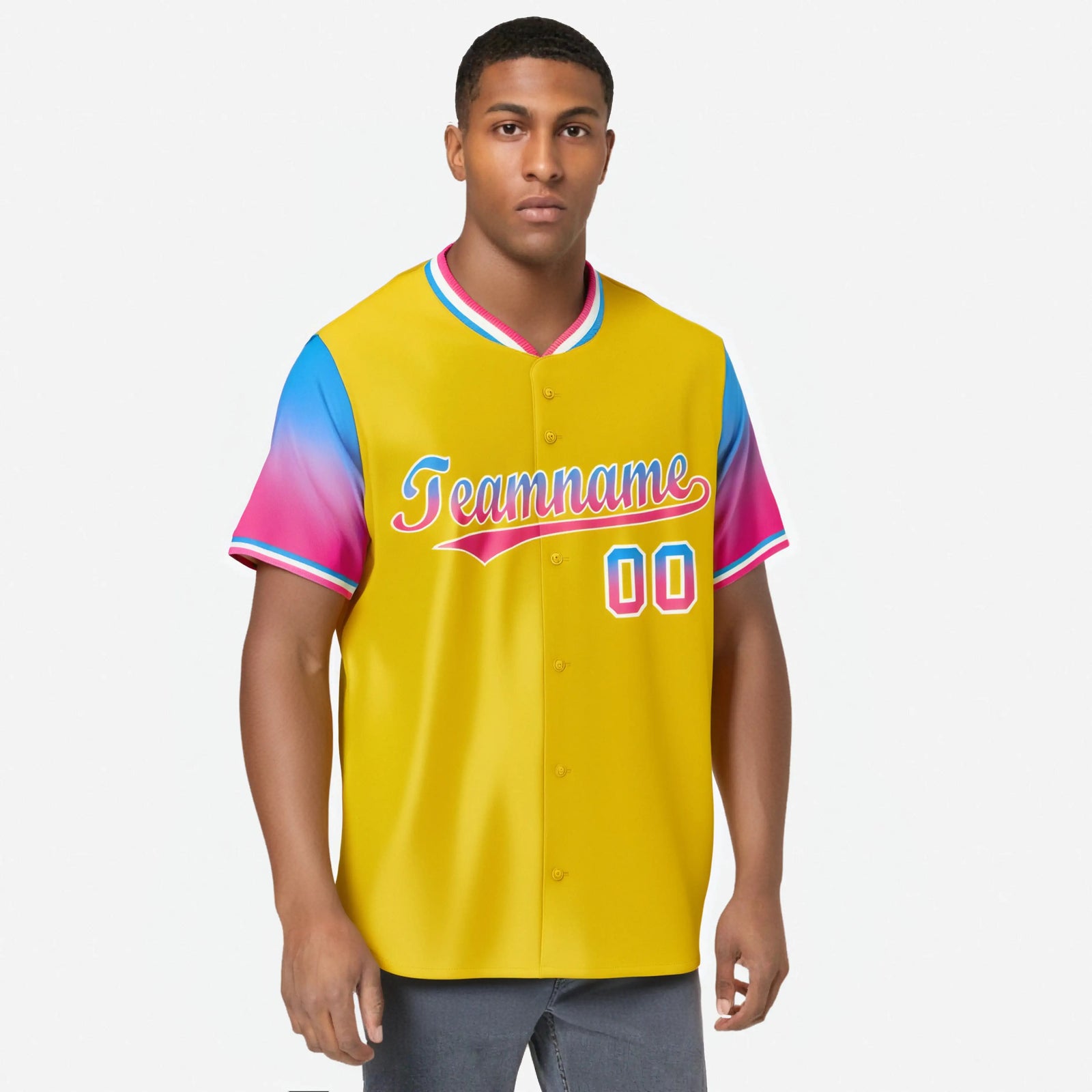 Custom Gold Powder Blue-Pink Gradient Fashion Authentic Baseball Jersey