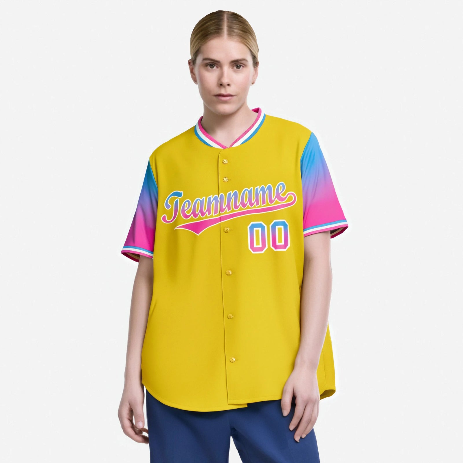 Custom Gold Powder Blue-Pink Gradient Fashion Authentic Baseball Jersey