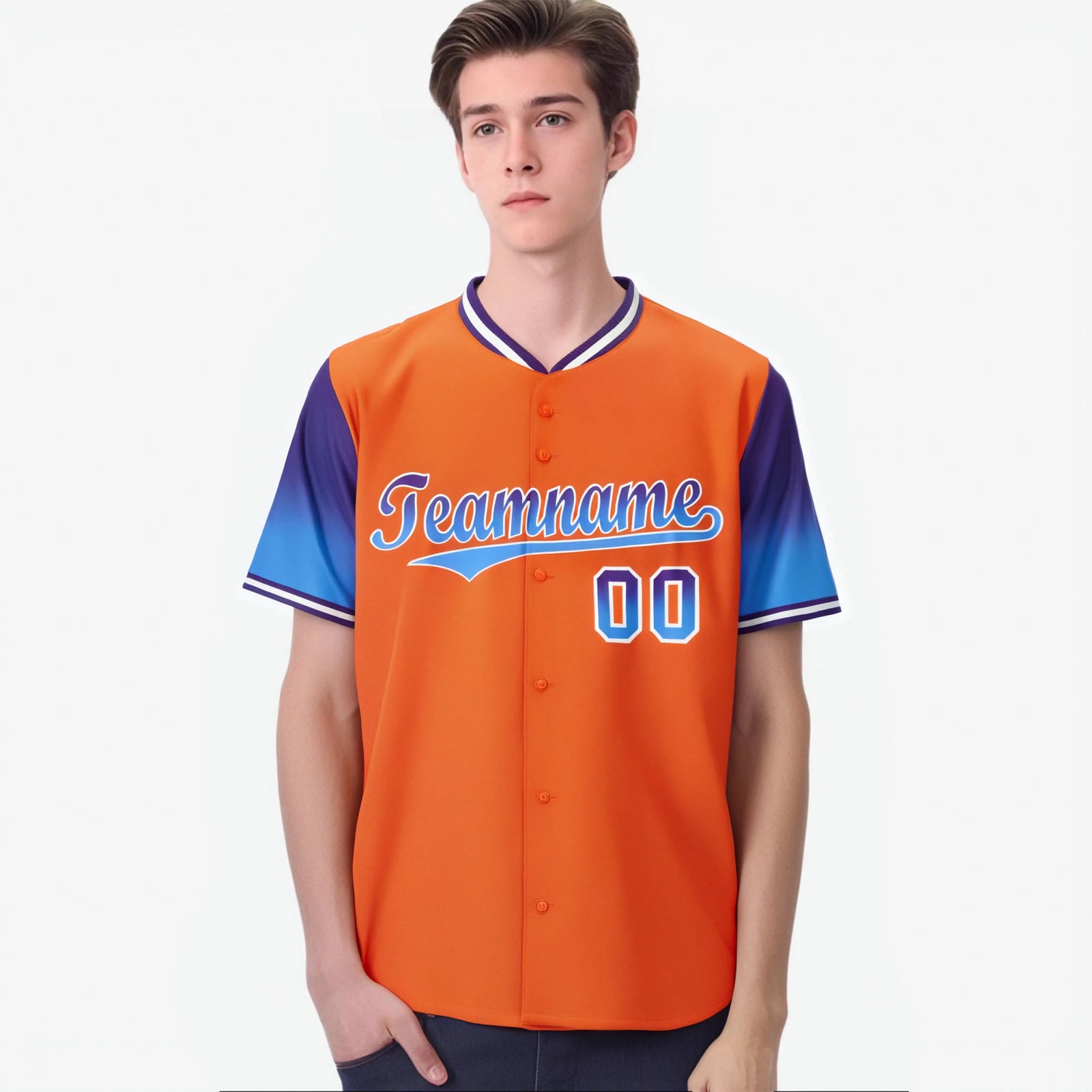 Custom Orange Purple-Powder Blue Gradient Fashion Authentic Baseball Jersey