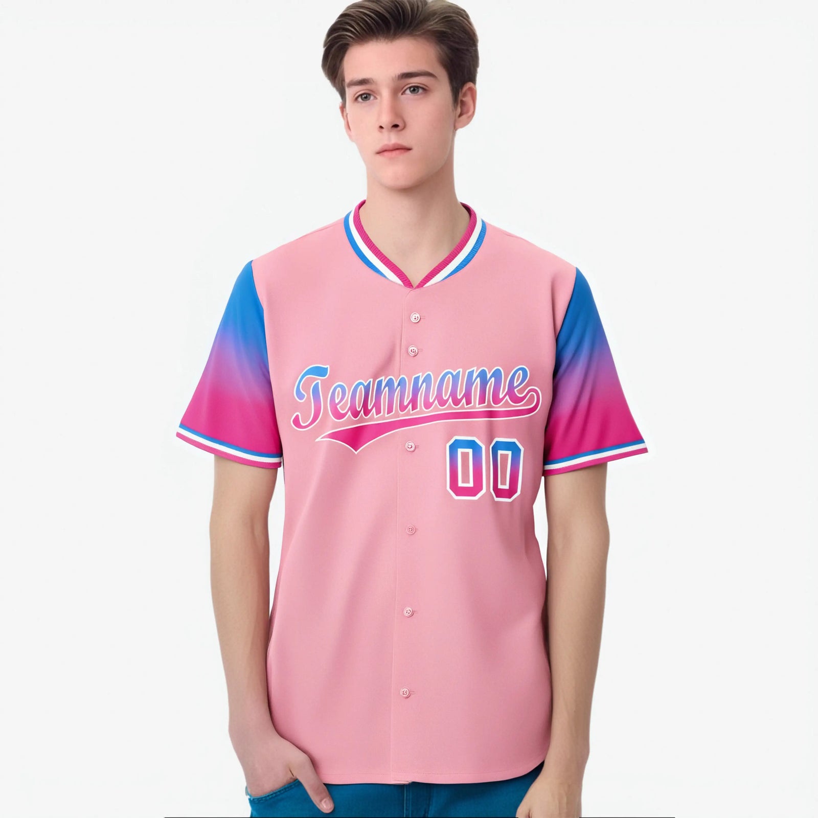 Custom Light Pink Powder Blue-Pink Gradient Fashion Authentic Baseball Jersey