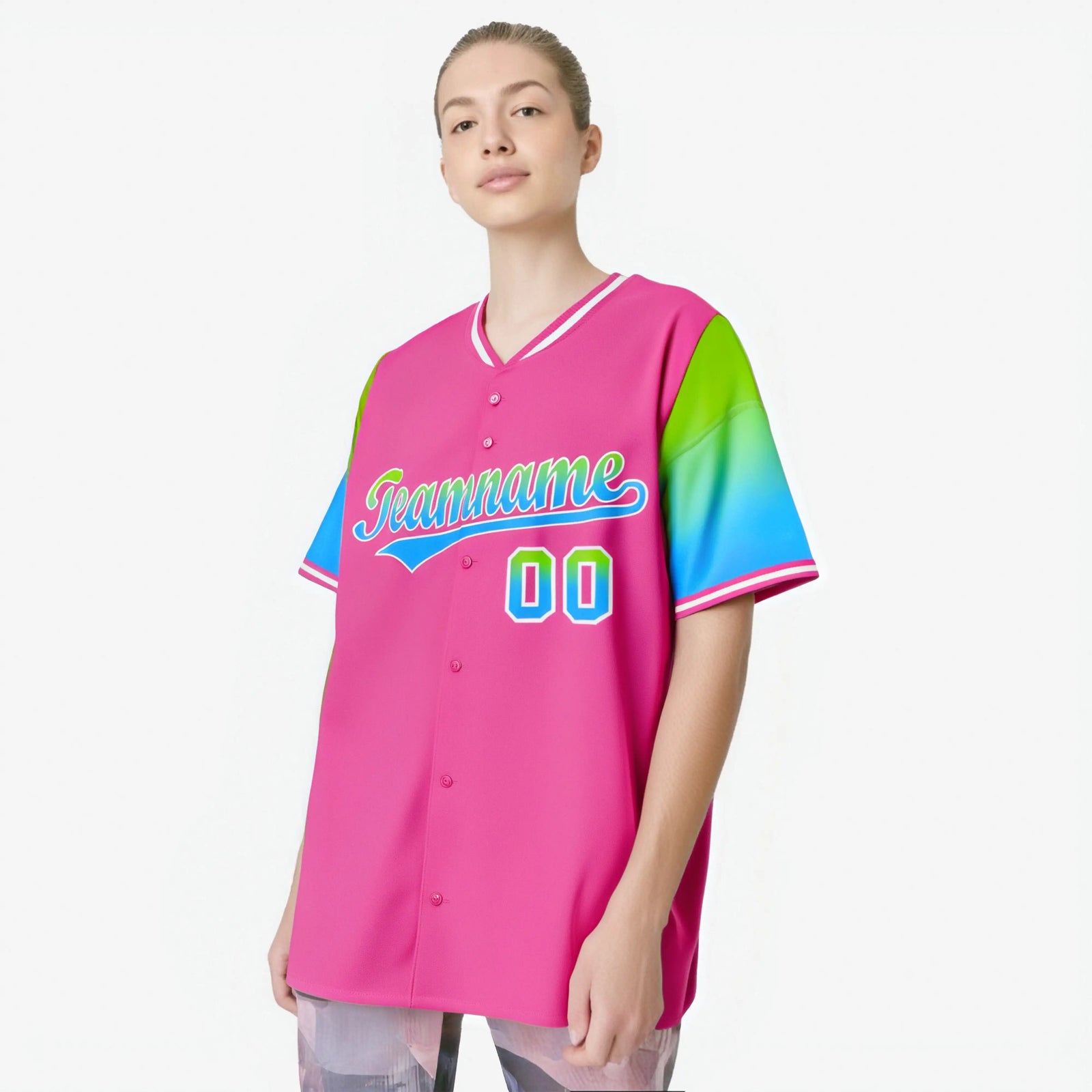 Custom Pink Neon Green-Powder Blue Gradient Fashion Authentic Baseball Jersey