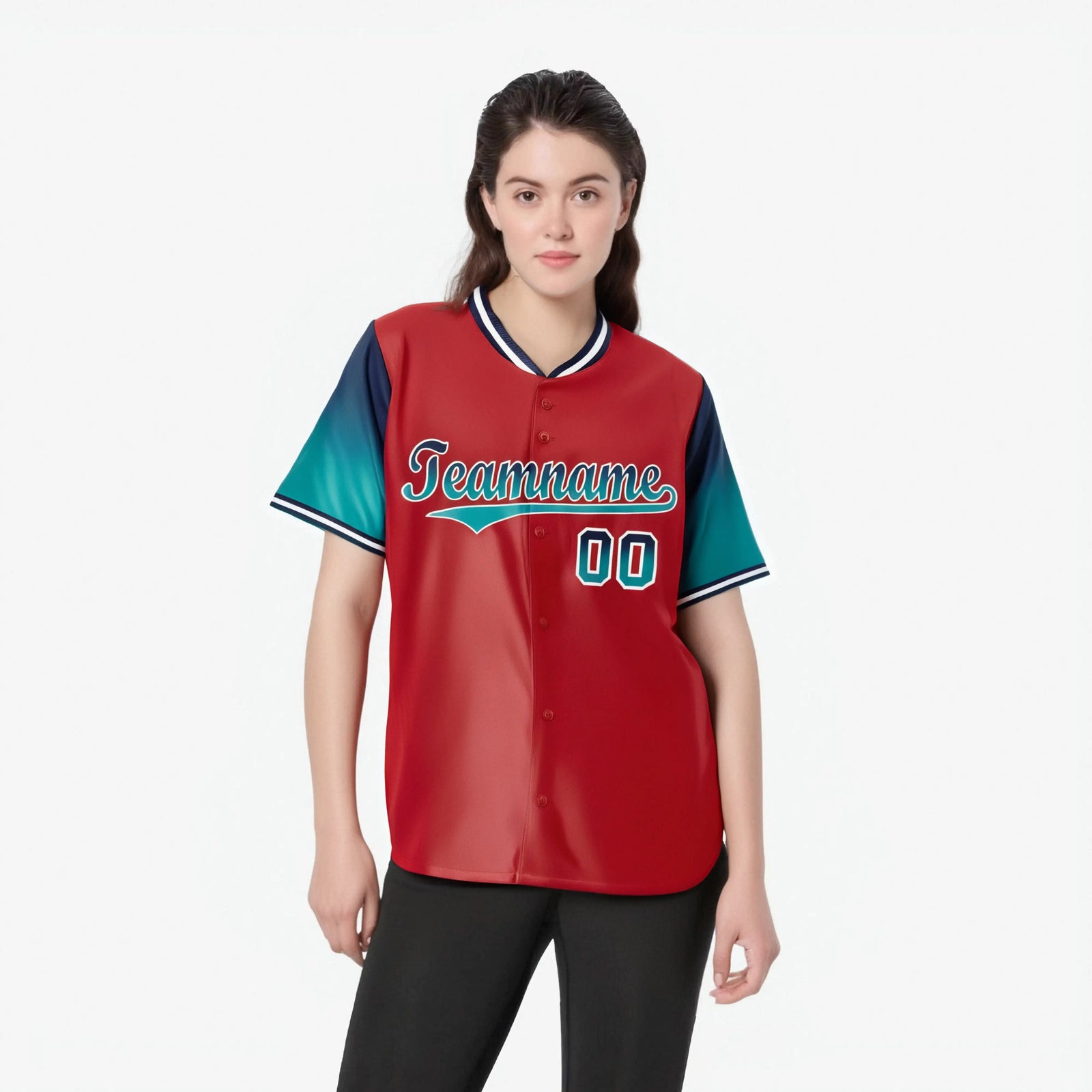 Custom Red Navy-Aqua Gradient Fashion Authentic Baseball Jersey