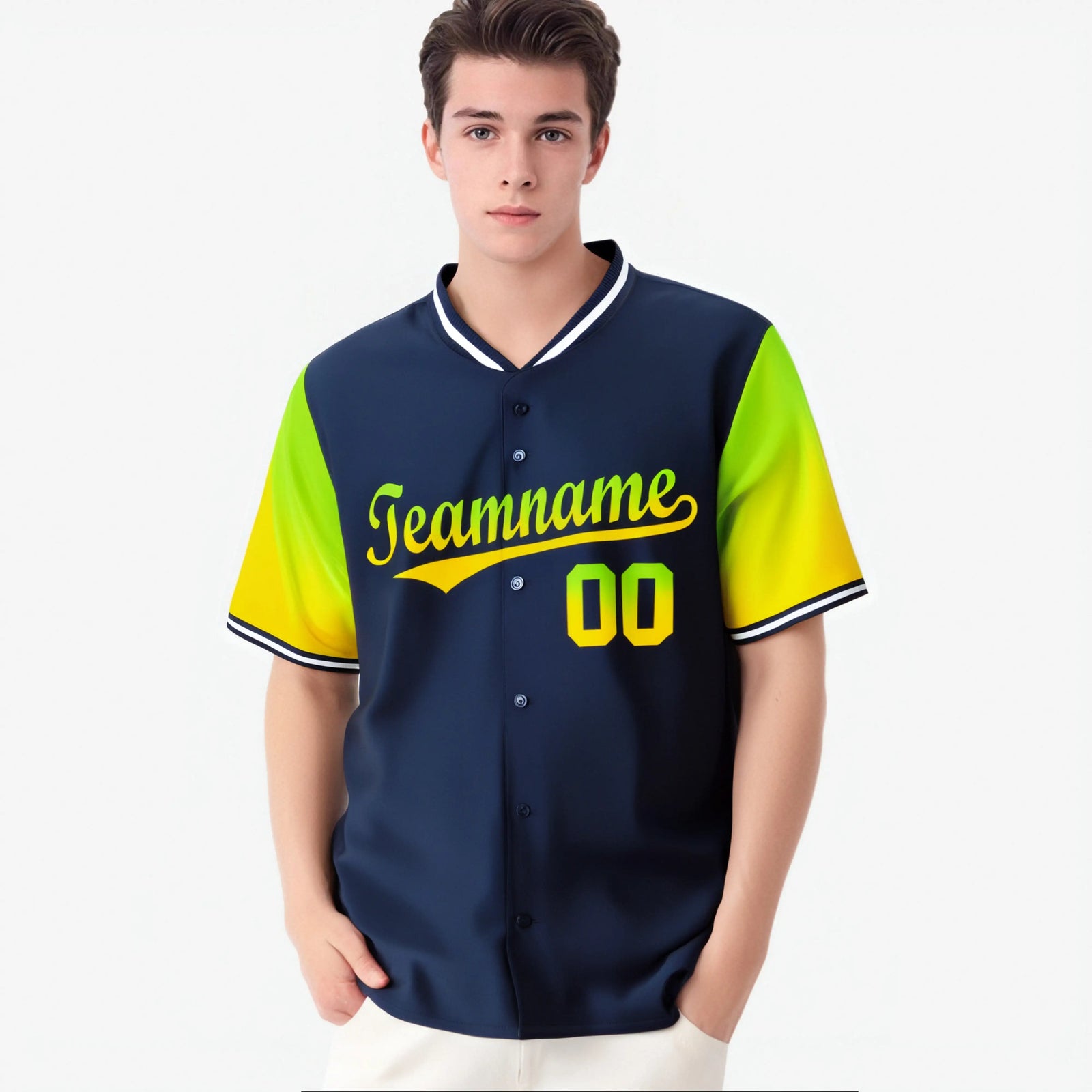 Custom Navy Neon Green-Gold Gradient Fashion Authentic Baseball Jersey