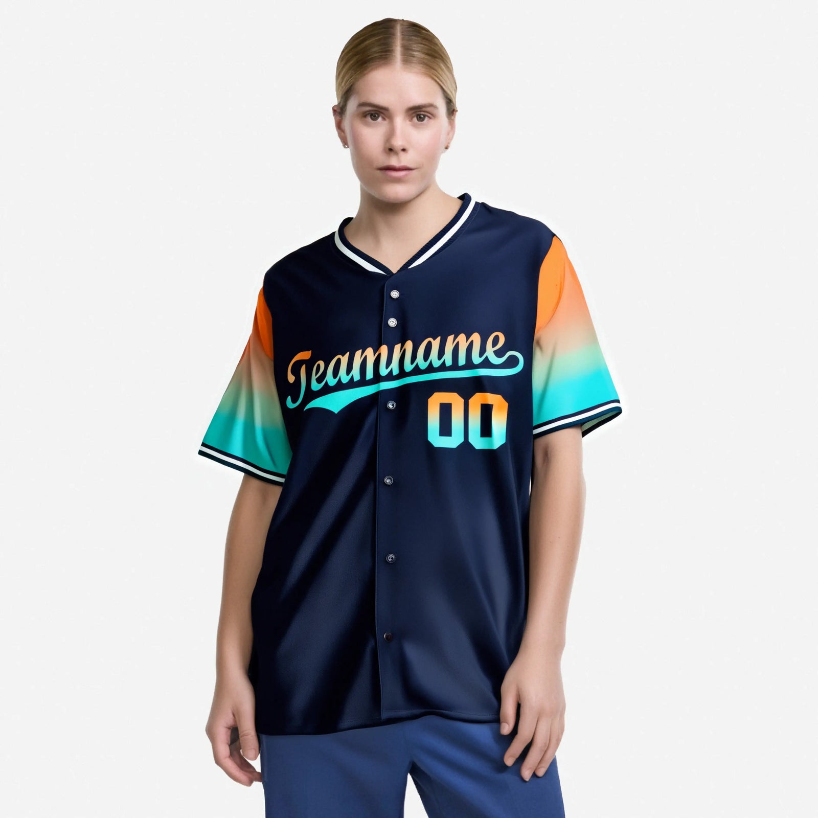 Custom Navy Orange-Aqua Gradient Fashion Authentic Baseball Jersey