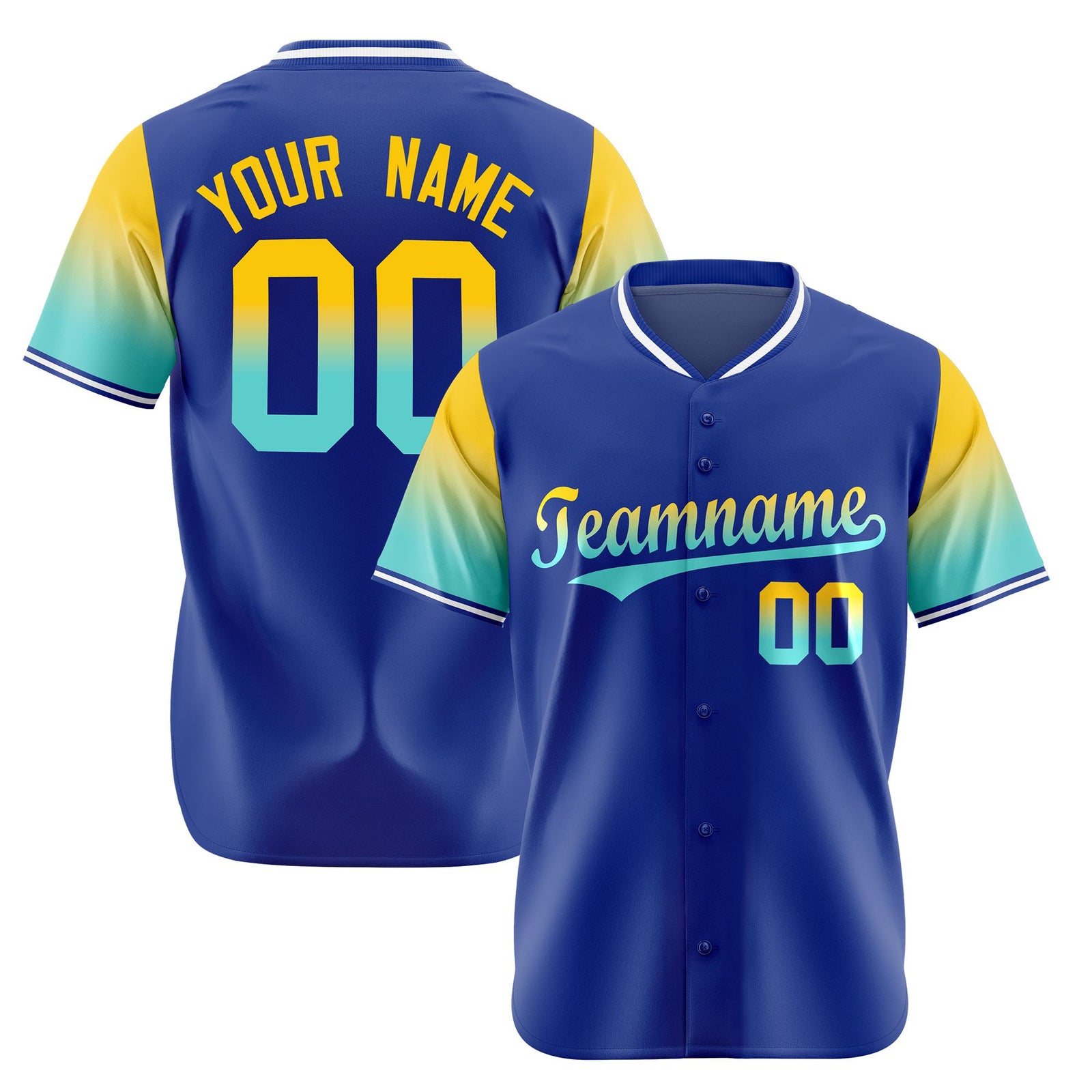 Custom Royal Blue Gold-Aqua Gradient Fashion Authentic Baseball Jersey