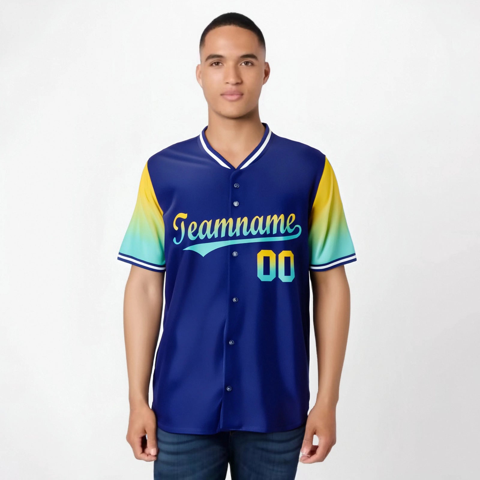 Custom Royal Blue Gold-Aqua Gradient Fashion Authentic Baseball Jersey