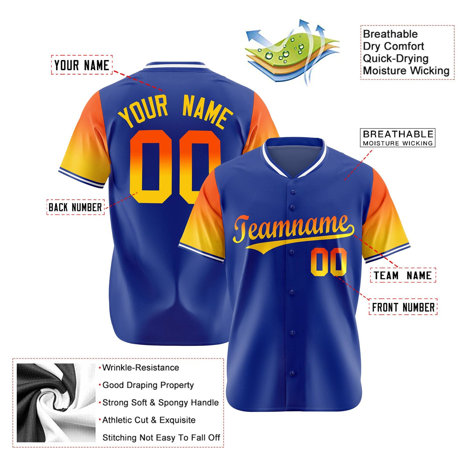 Custom Royal Blue Orange-Yellow Gradient Fashion Authentic Baseball Jersey