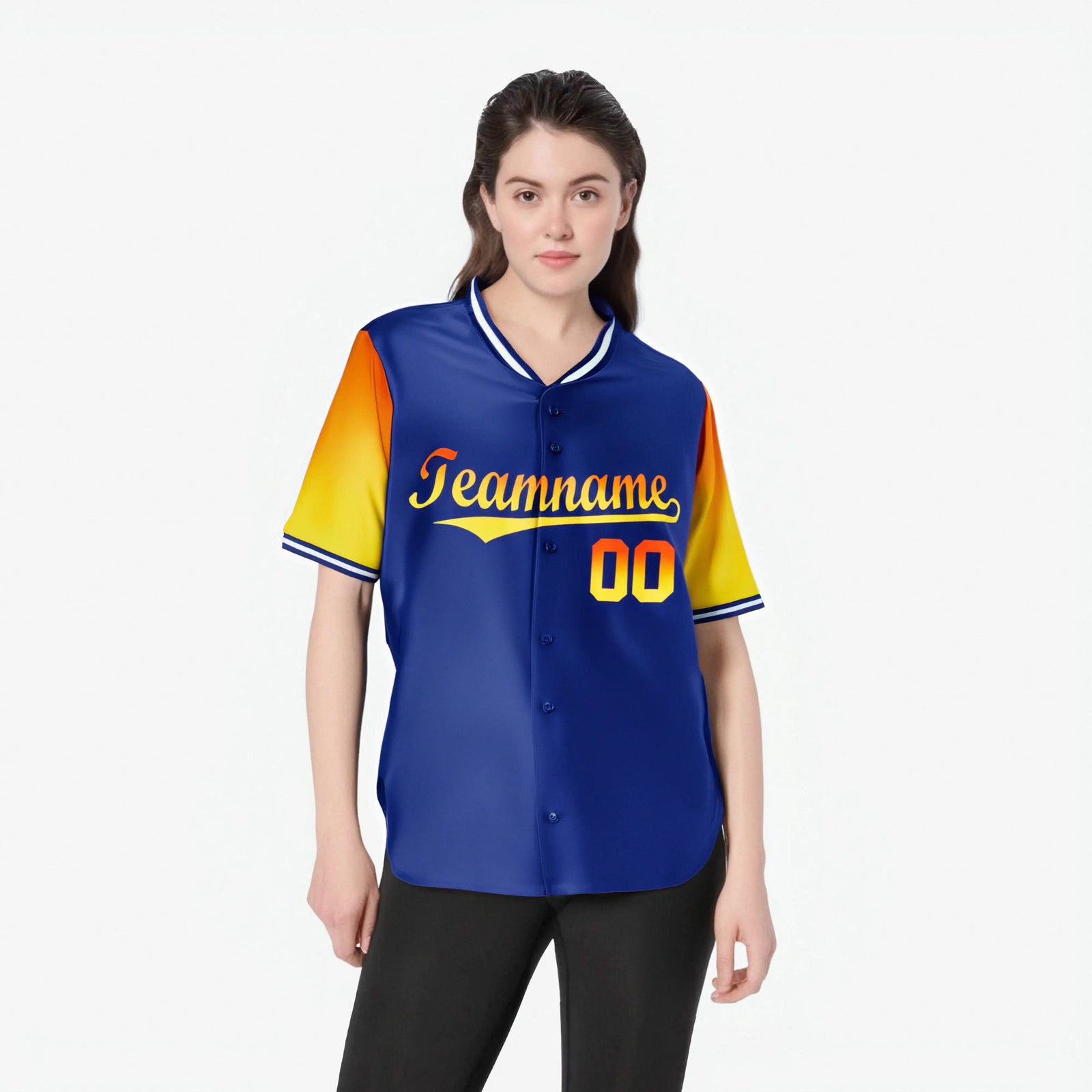 Custom Royal Blue Orange-Yellow Gradient Fashion Authentic Baseball Jersey