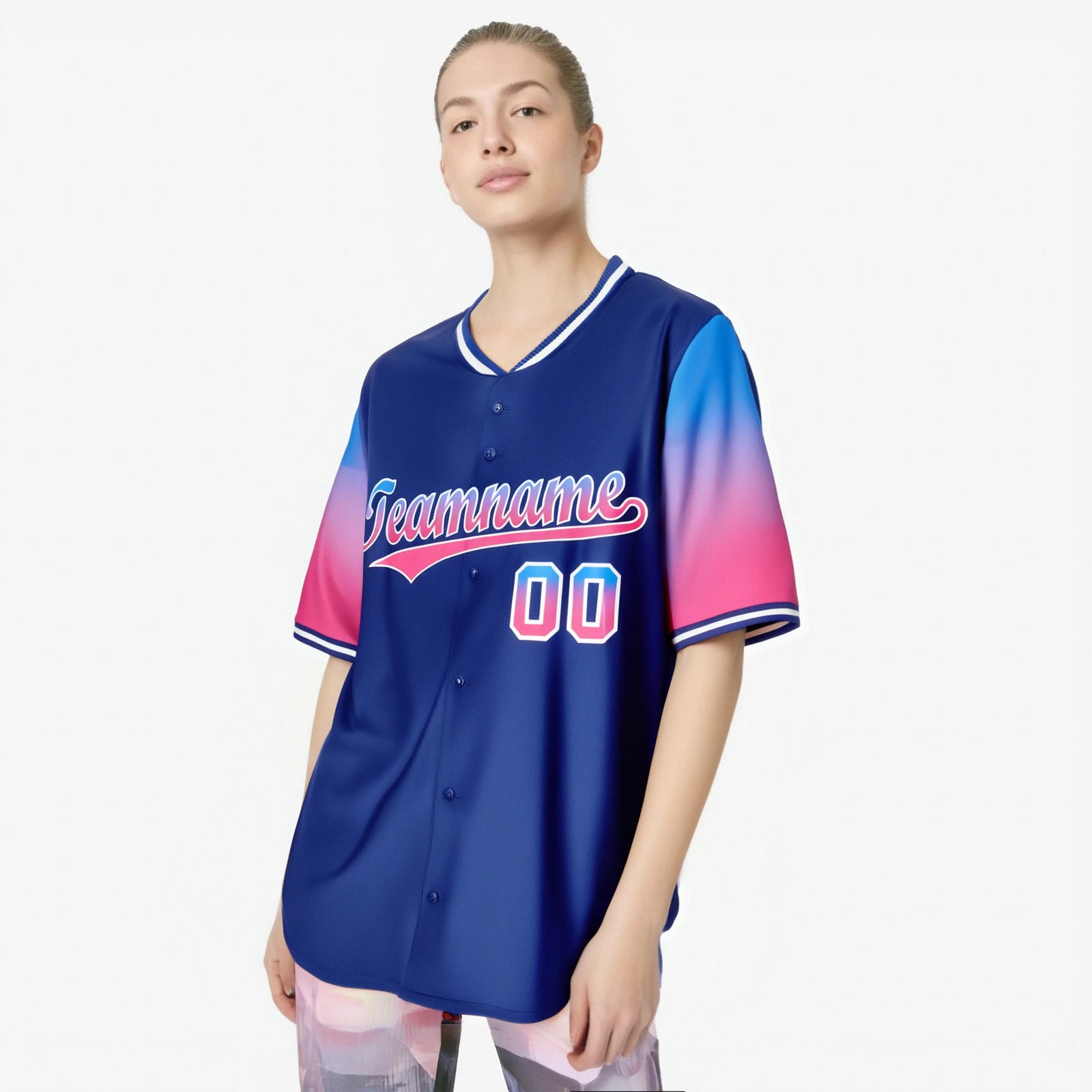 Custom Royal Blue Powder Blue-Pink Gradient Fashion Authentic Baseball Jersey