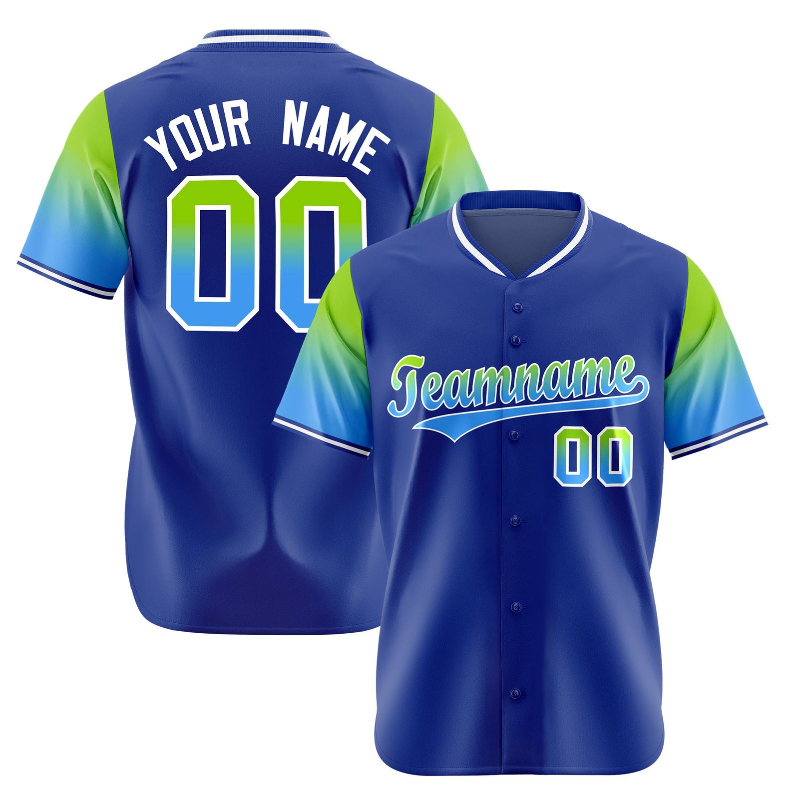 Custom Royal Blue Neon Green-Powder Blue Gradient Fashion Authentic Baseball Jersey
