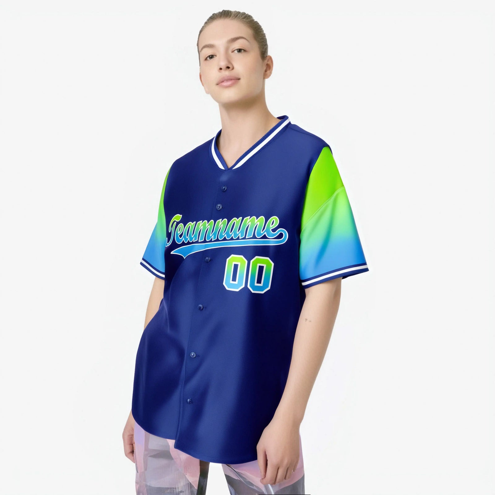 Custom Royal Blue Neon Green-Powder Blue Gradient Fashion Authentic Baseball Jersey
