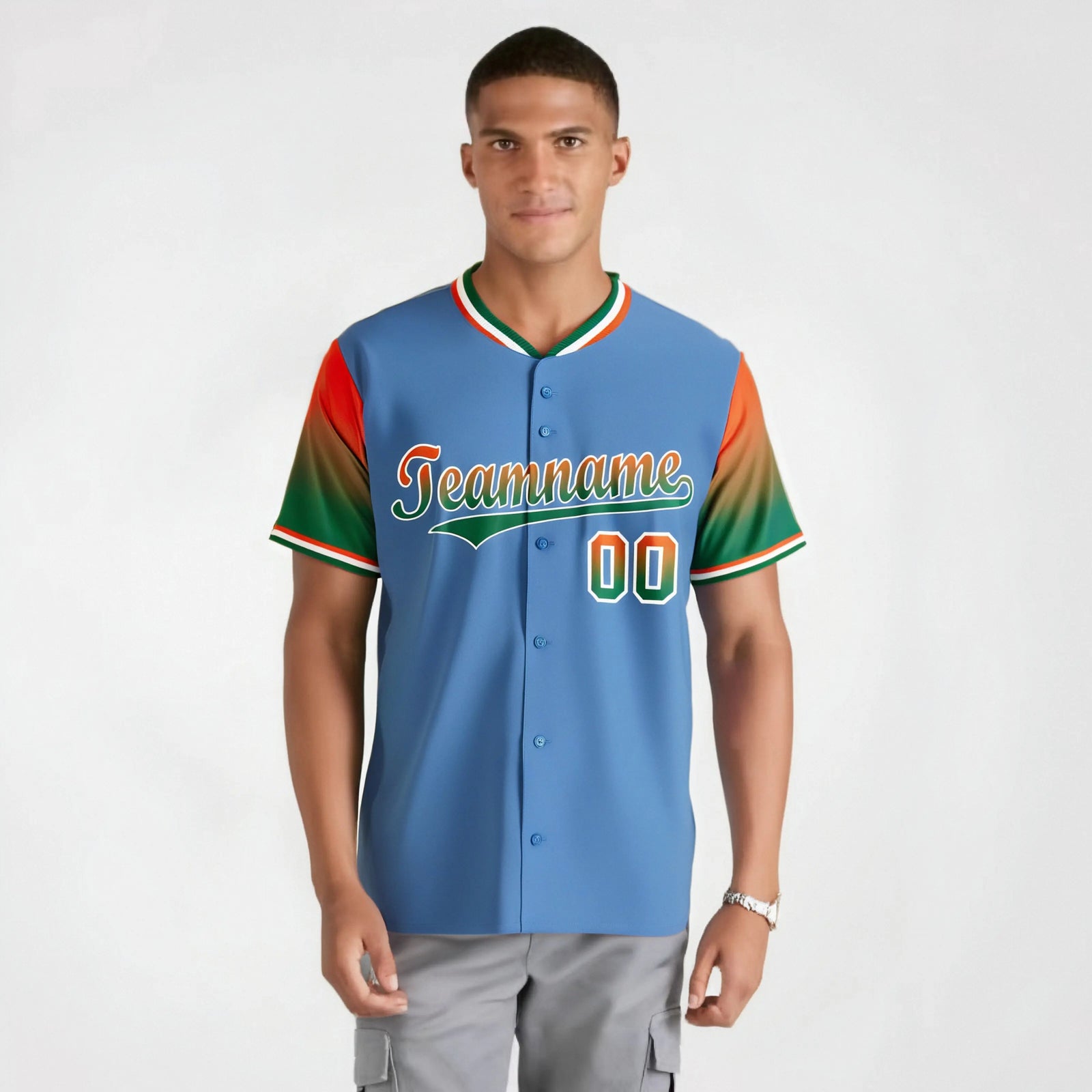 Custom Light Blue Orange-Green Gradient Fashion Authentic Baseball Jersey