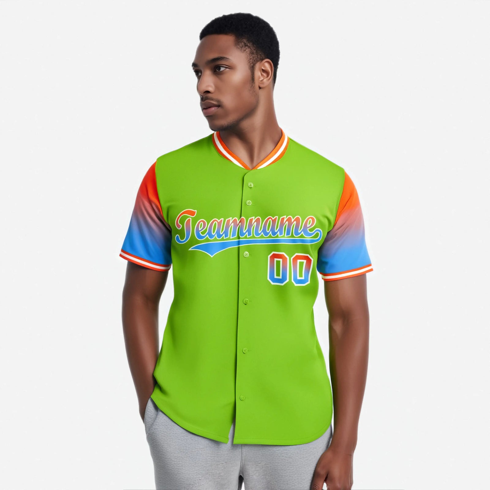 Custom Neon Green Orange-Powder Blue Gradient Fashion Authentic Baseball Jersey