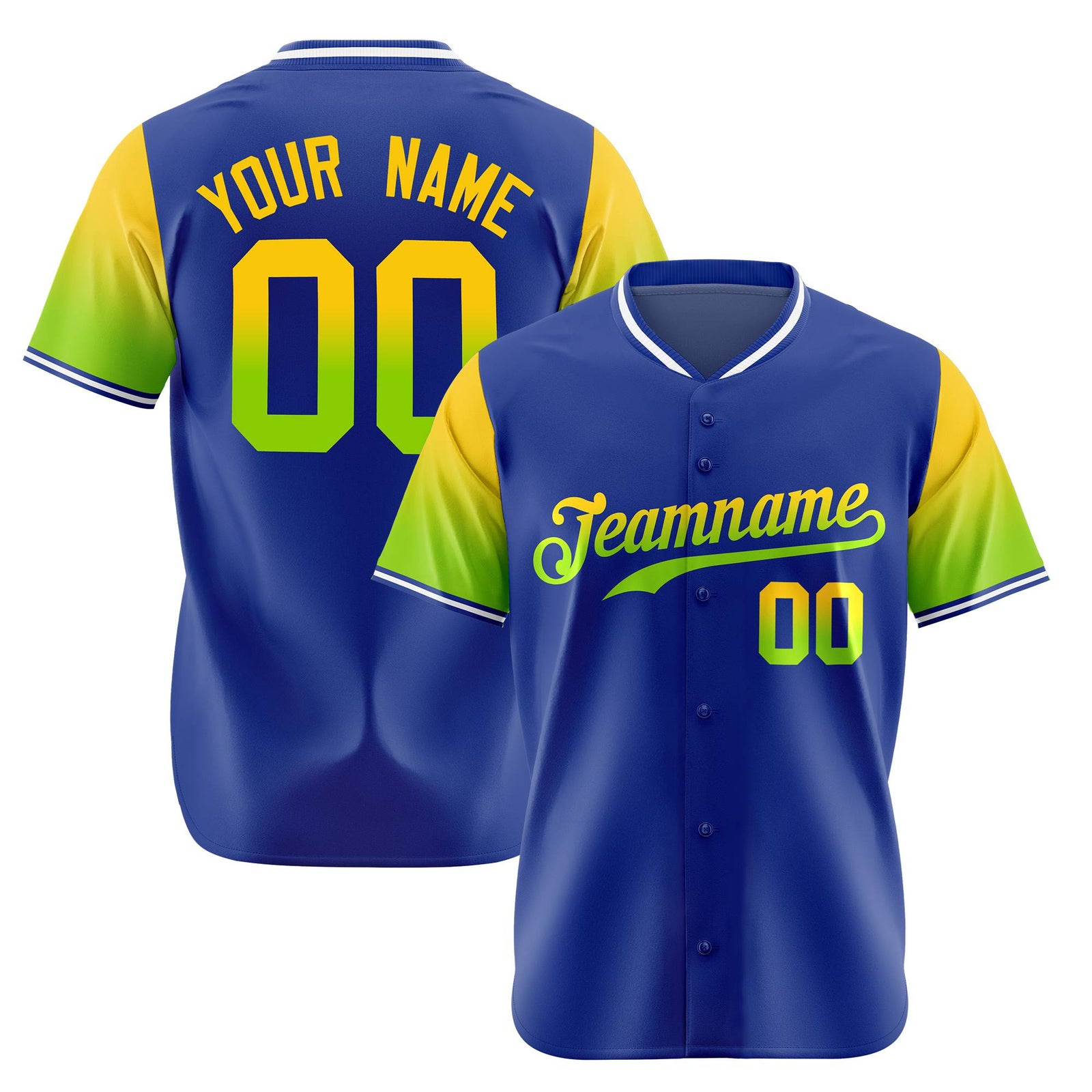 Custom Royal Blue Gold-Neon Green Gradient Fashion Authentic Baseball Jersey