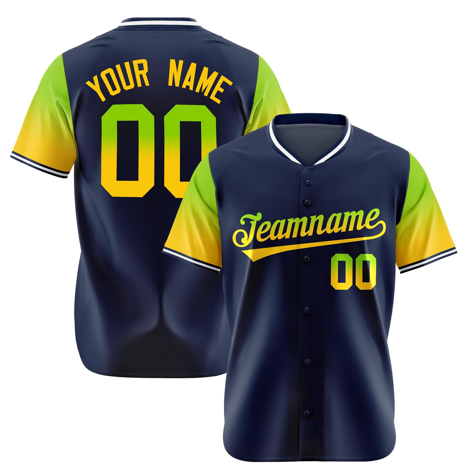 Custom Navy Neon Green-Gold Gradient Fashion Authentic Baseball Jersey