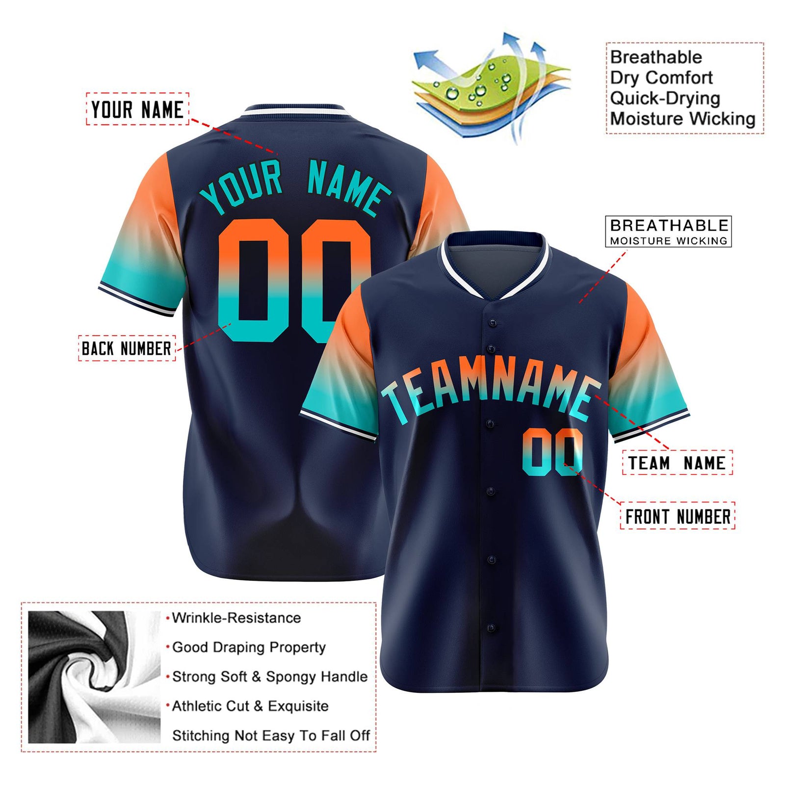 Custom Navy Orange-Aqua Gradient Fashion Authentic Baseball Jersey