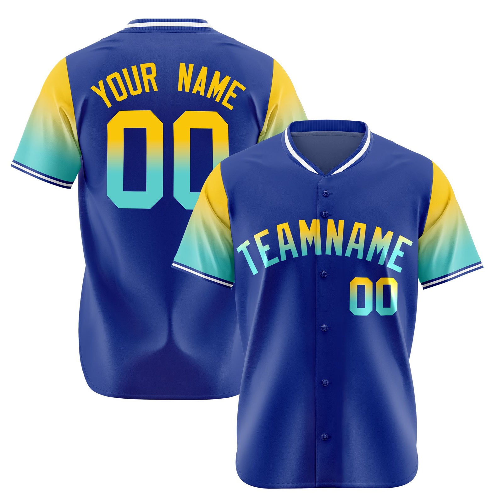 Custom Royal Blue Gold-Aqua Gradient Fashion Authentic Baseball Jersey