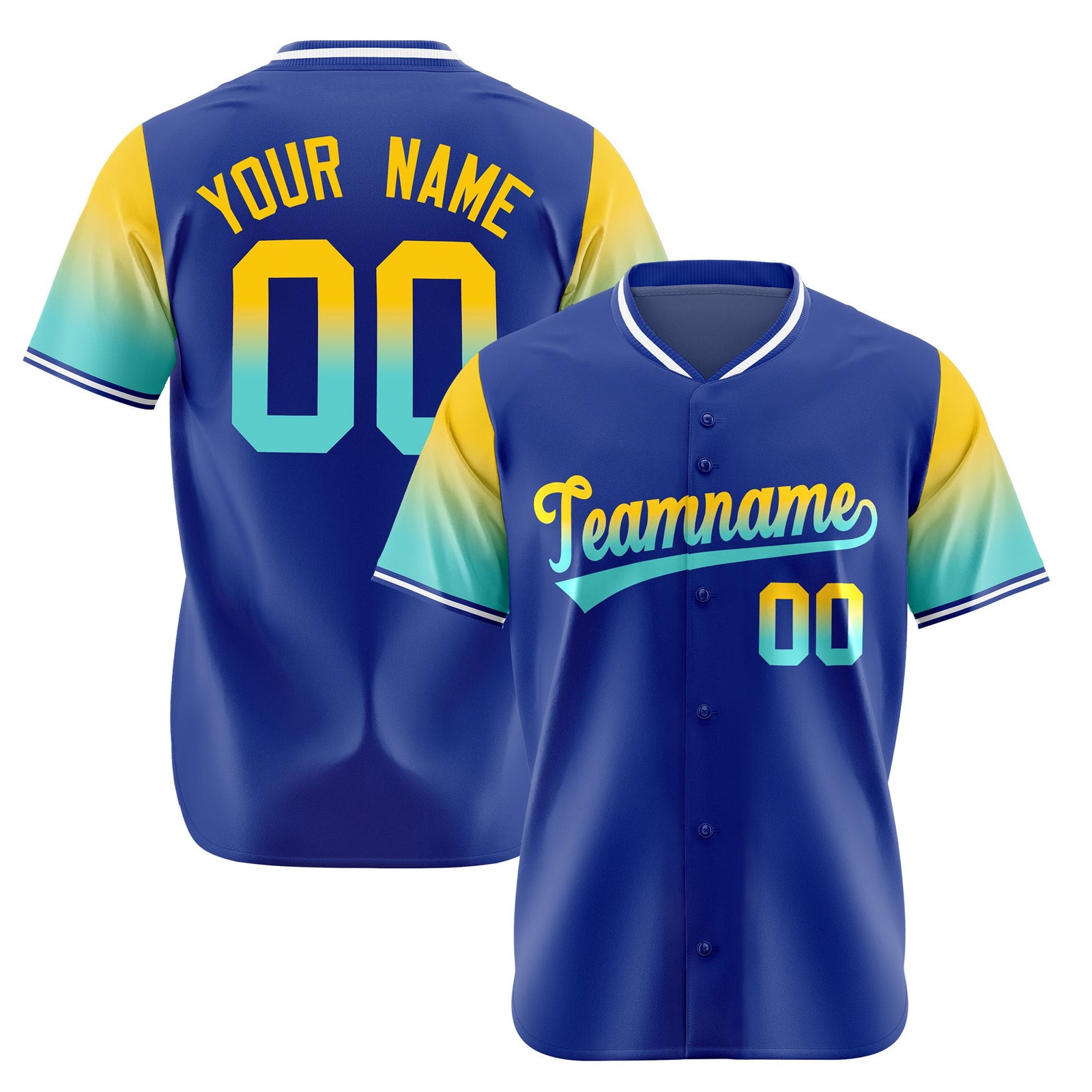 Custom Royal Blue Gold-Aqua Gradient Fashion Authentic Baseball Jersey
