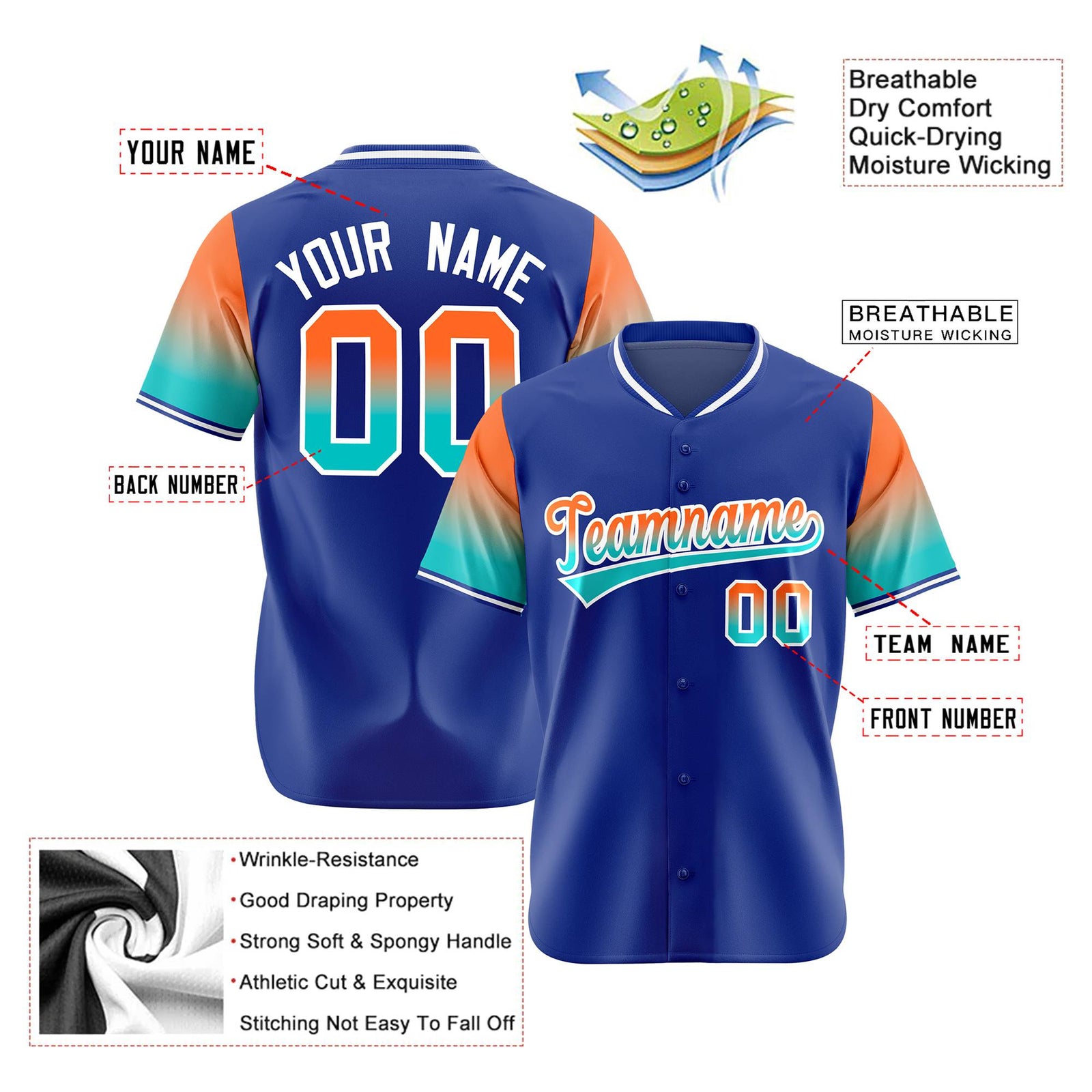 Custom Royal Blue Orange-Aqua Gradient Fashion Authentic Baseball Jersey