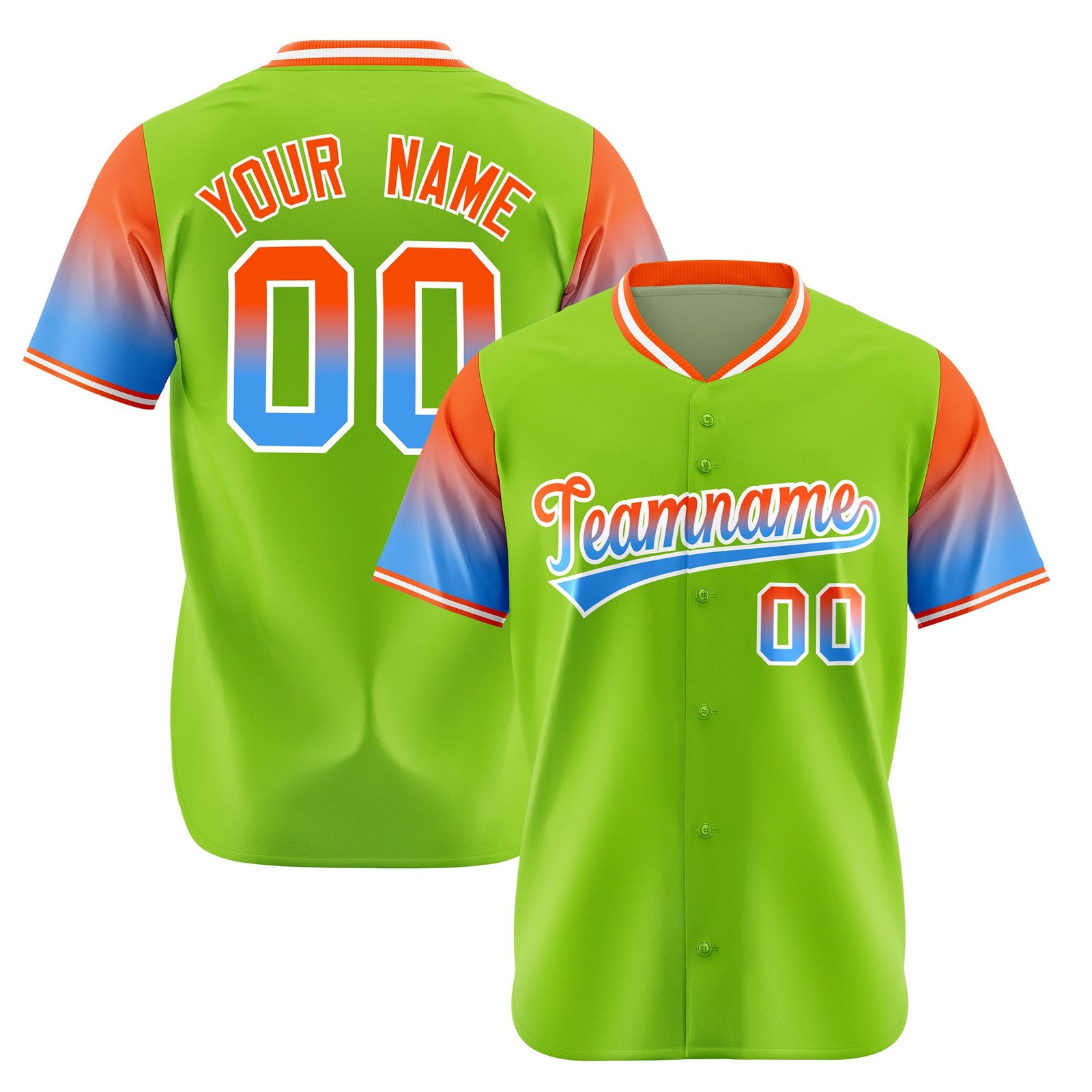 Custom Neon Green Orange-Powder Blue Gradient Fashion Authentic Baseball Jersey