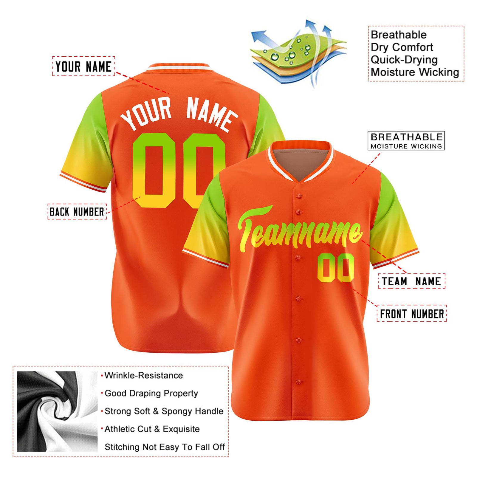 Custom Orange Neon Green-Gold Gradient Fashion Authentic Baseball Jersey