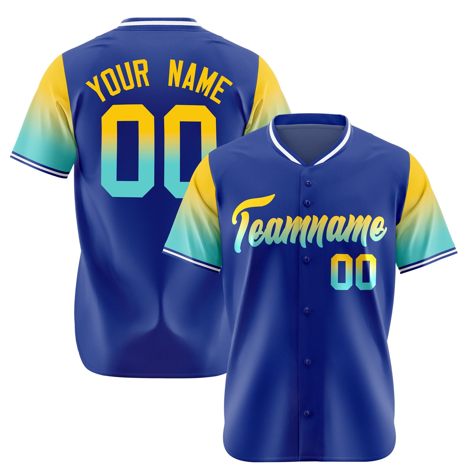 Custom Royal Blue Gold-Aqua Gradient Fashion Authentic Baseball Jersey
