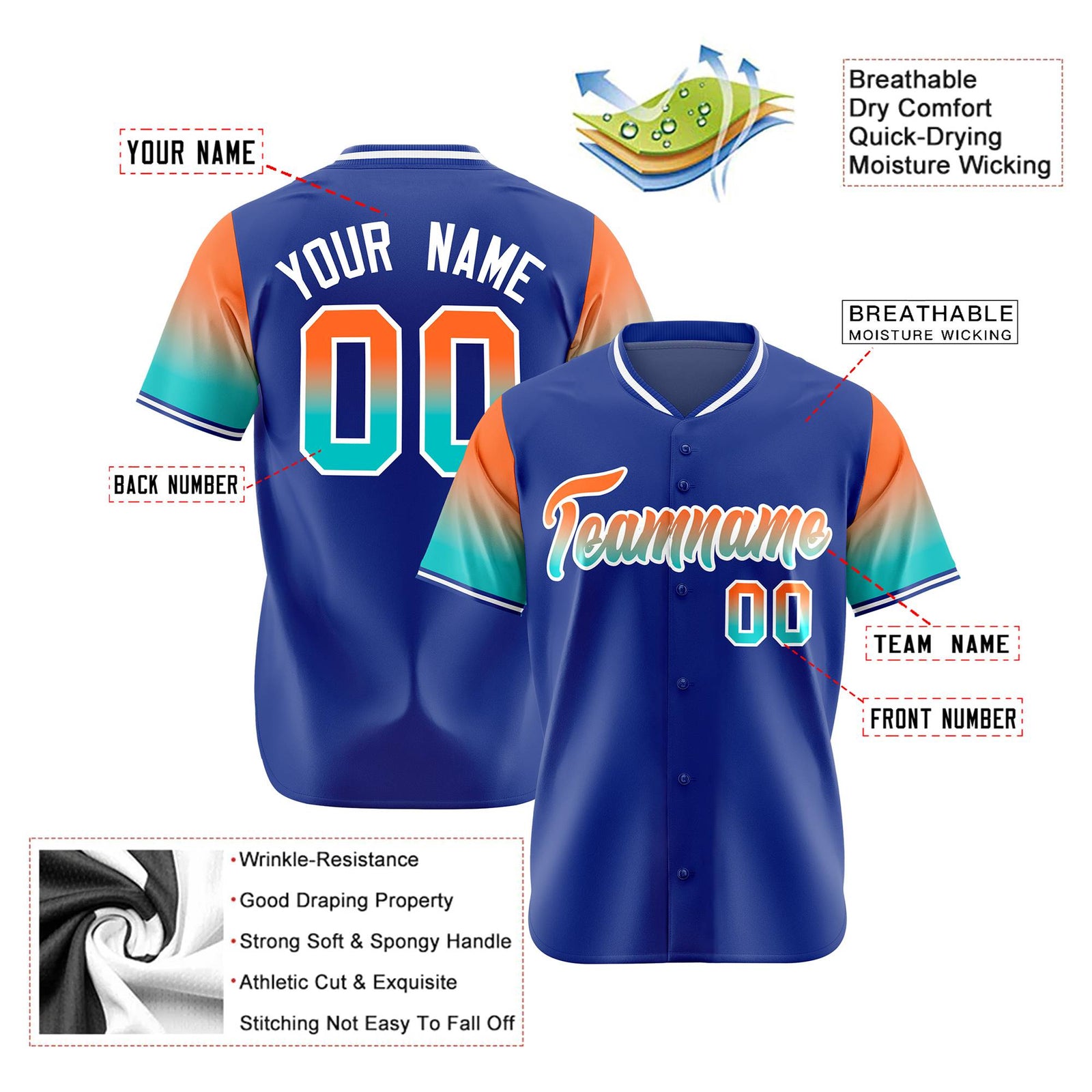 Custom Royal Blue Orange-Aqua Gradient Fashion Authentic Baseball Jersey
