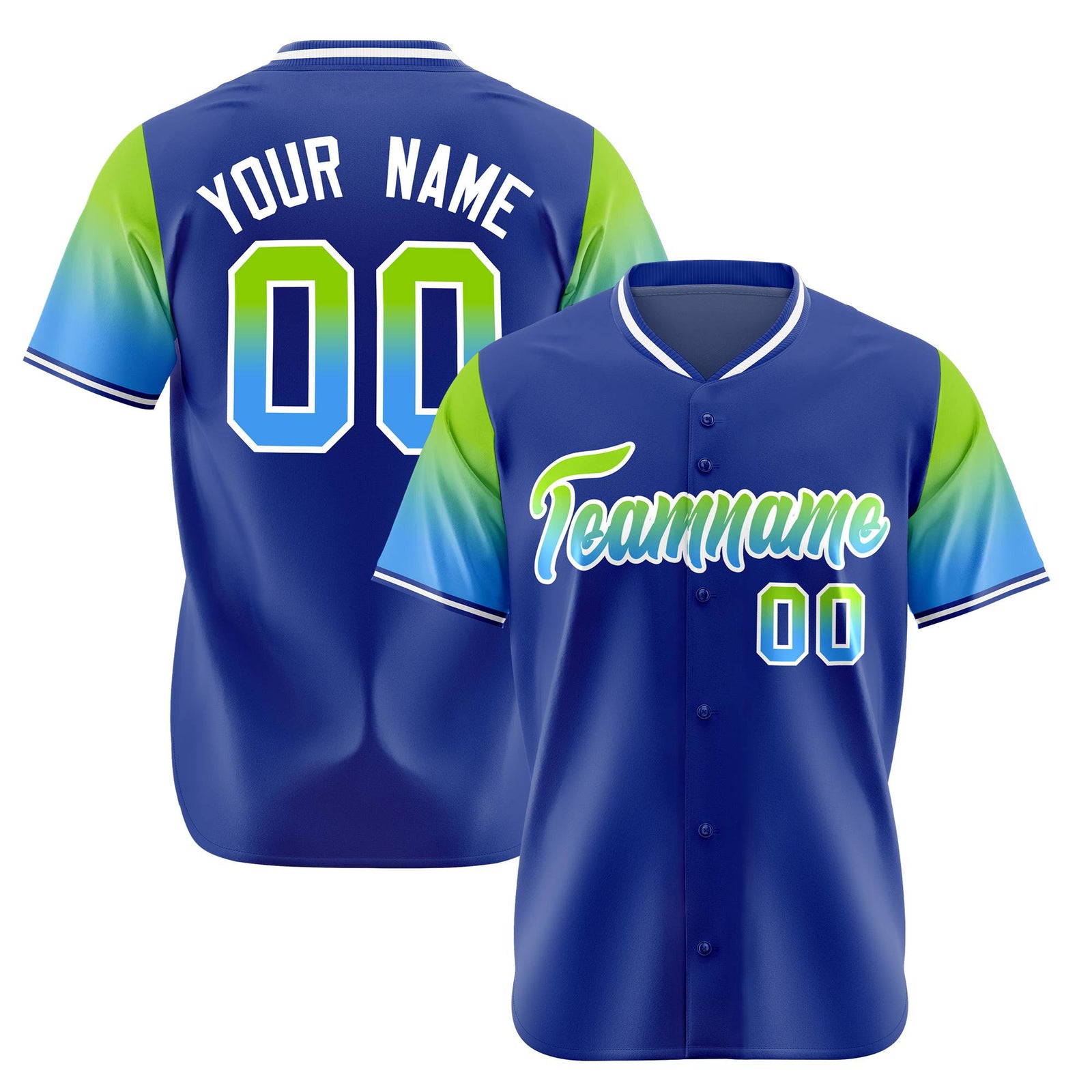 Custom Royal Blue Neon Green-Powder Blue Gradient Fashion Authentic Baseball Jersey