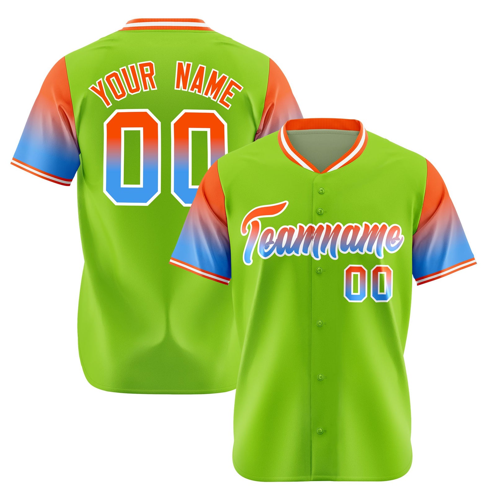 Custom Neon Green Orange-Powder Blue Gradient Fashion Authentic Baseball Jersey